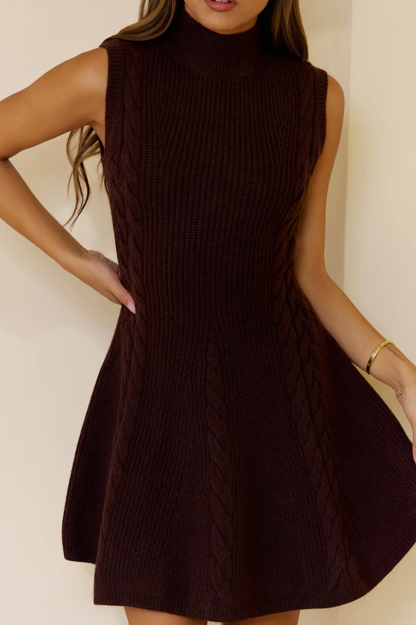 Cold Kisses Cable Knit Mini Dress Brown