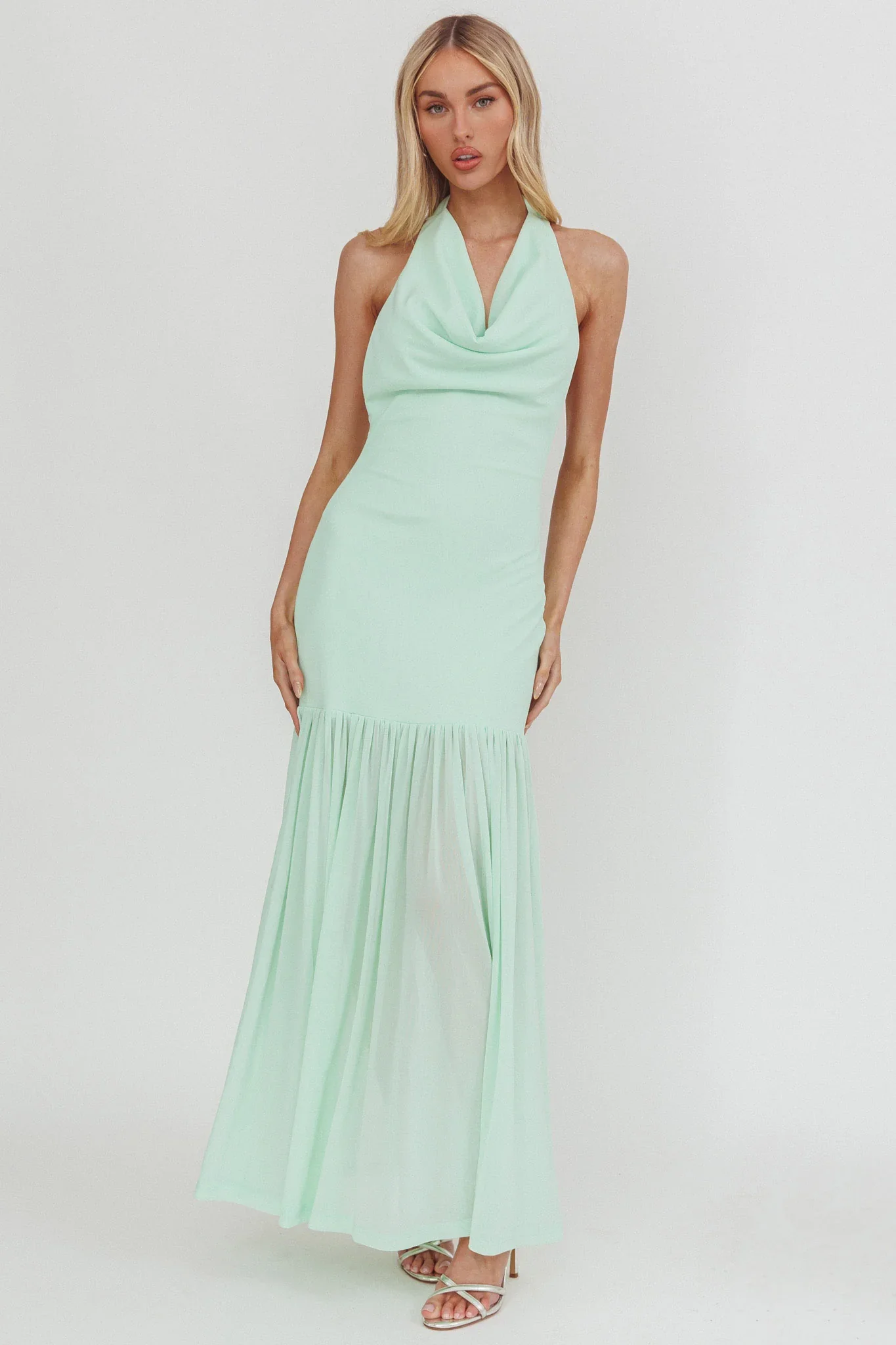 Kailyn Cowl Neck Sheer Hem Maxi Dress Mint