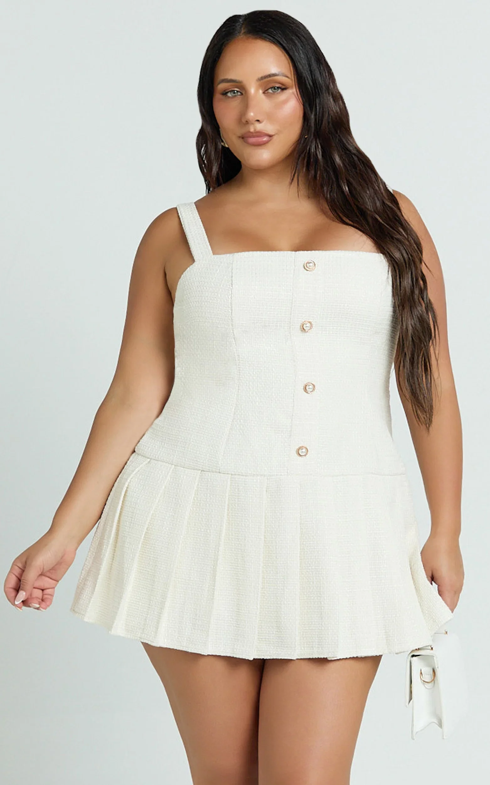 Calissa Mini Dress - Boucle Square Neck Drop Waist Pleated Dress in Cream