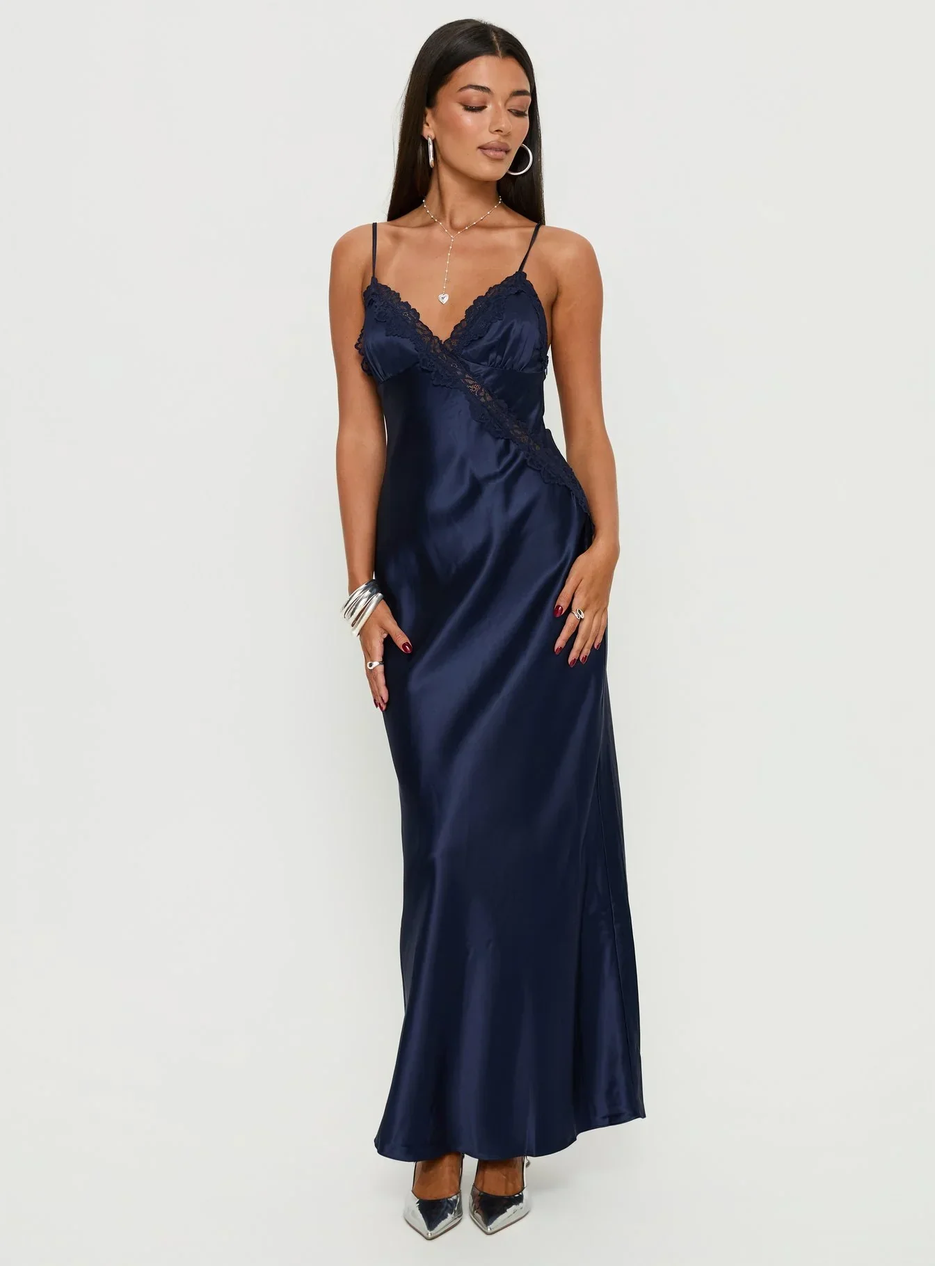 Madelene Lace V Neck Maxi Dress Navy - luluinthesky