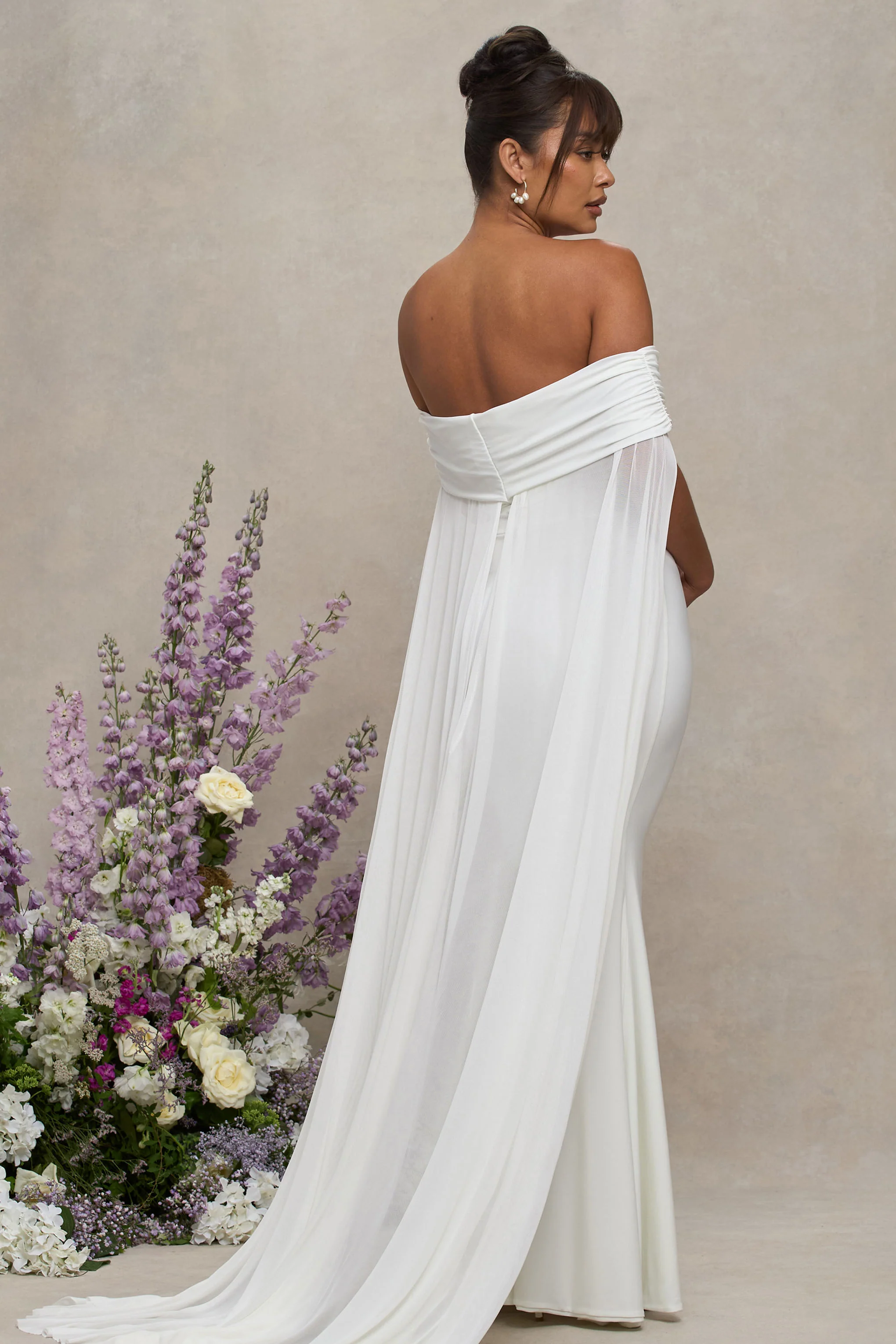 Carlotta | White Bardot Maternity Maxi Dress With Chiffon Cape