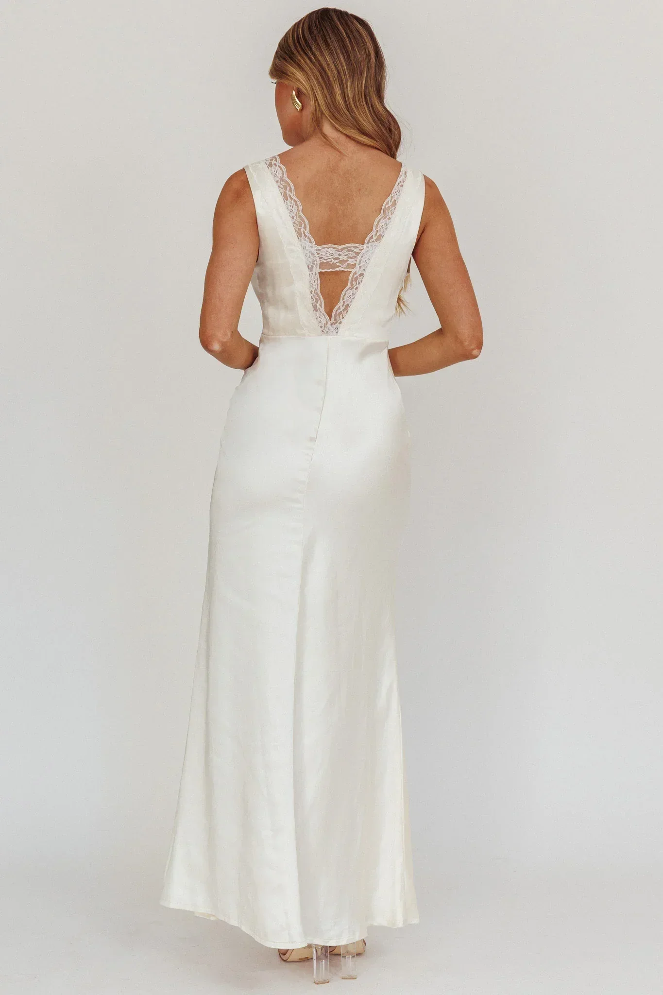 Ivonne Lace Trim V-Neck Maxi Dress Oyster - FASHION NOB