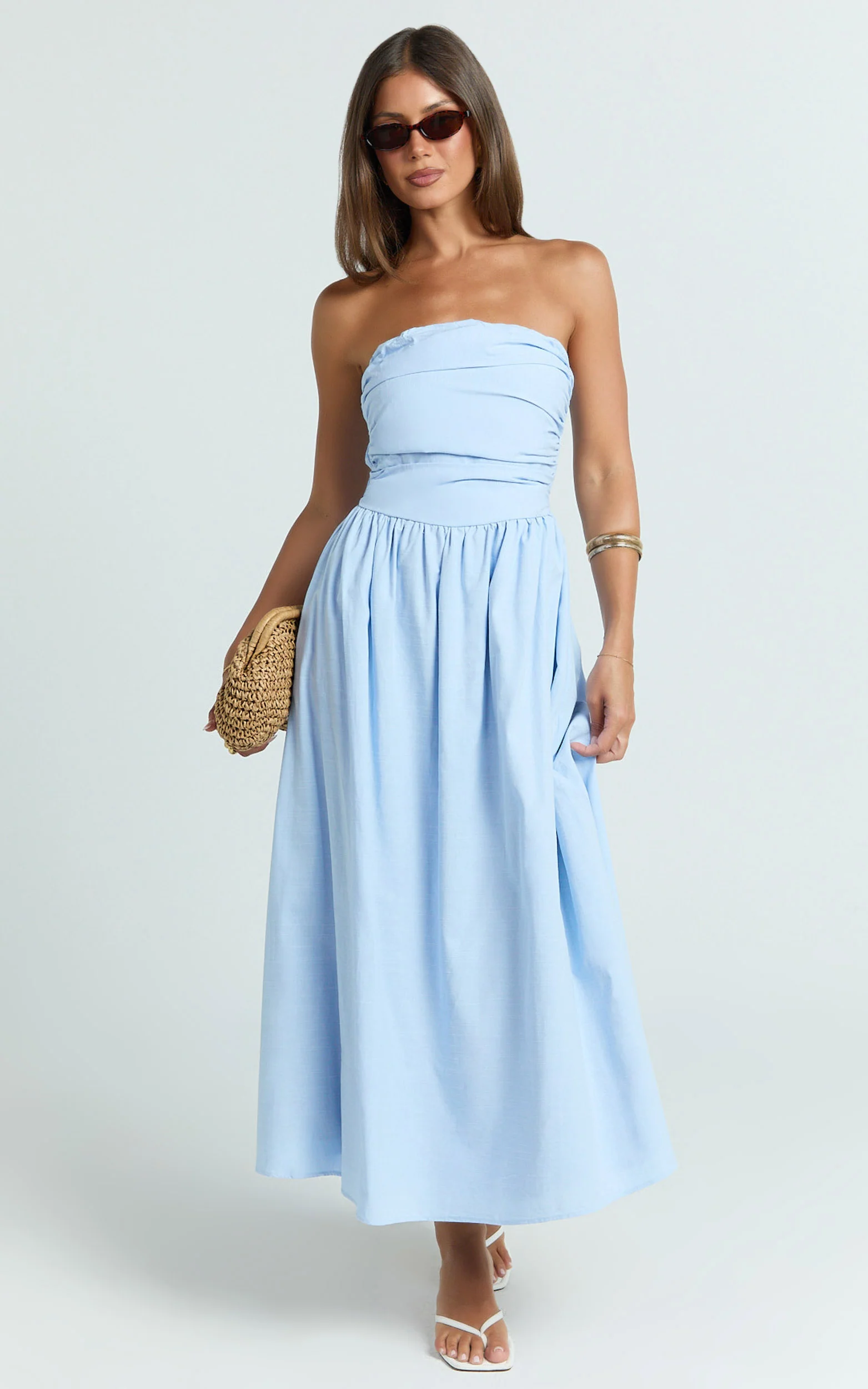 Polly Midi Dress - Strapless Ruched Dress in Blue