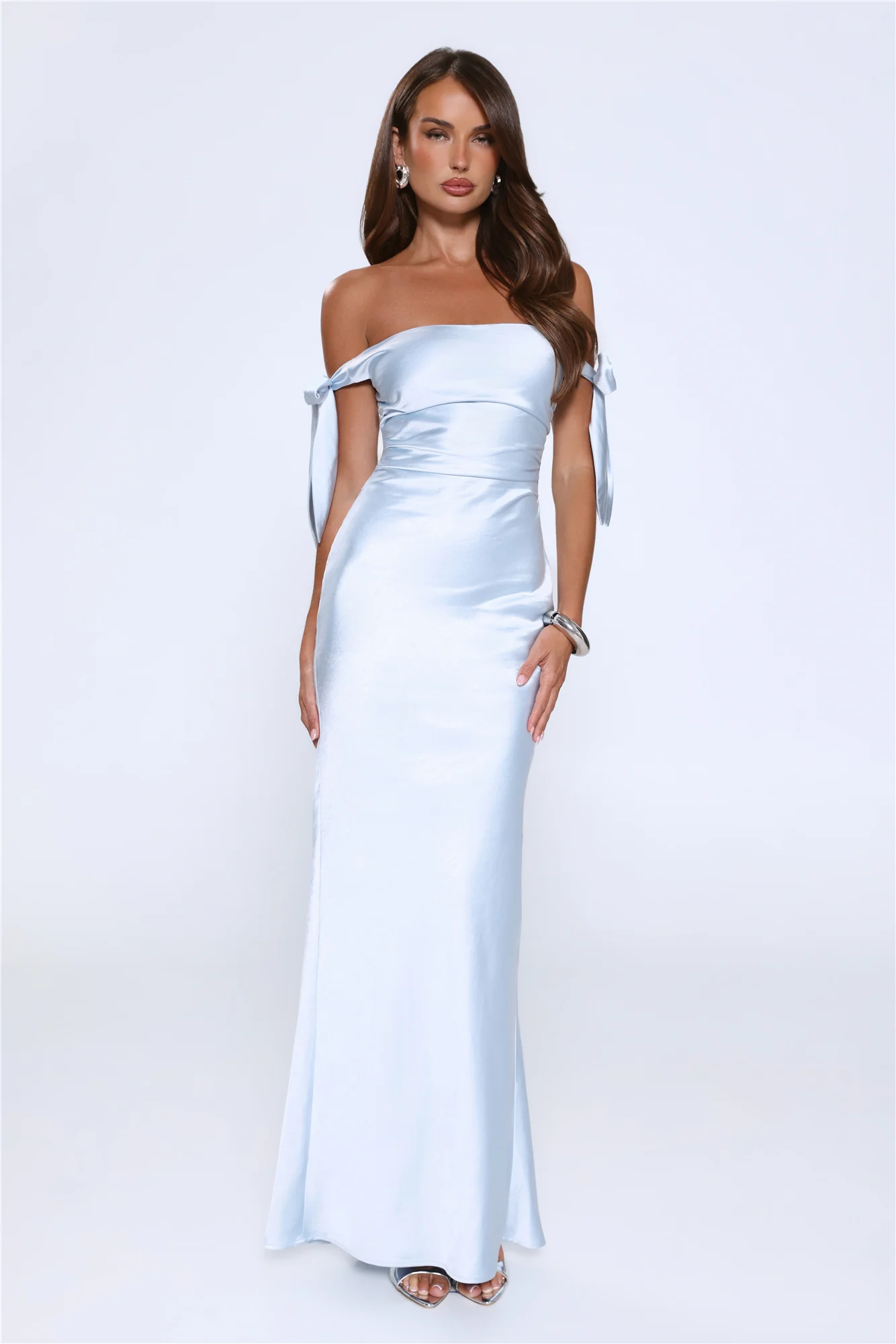 Flirty Intentions Off Shoulder Satin Maxi Dress Blue