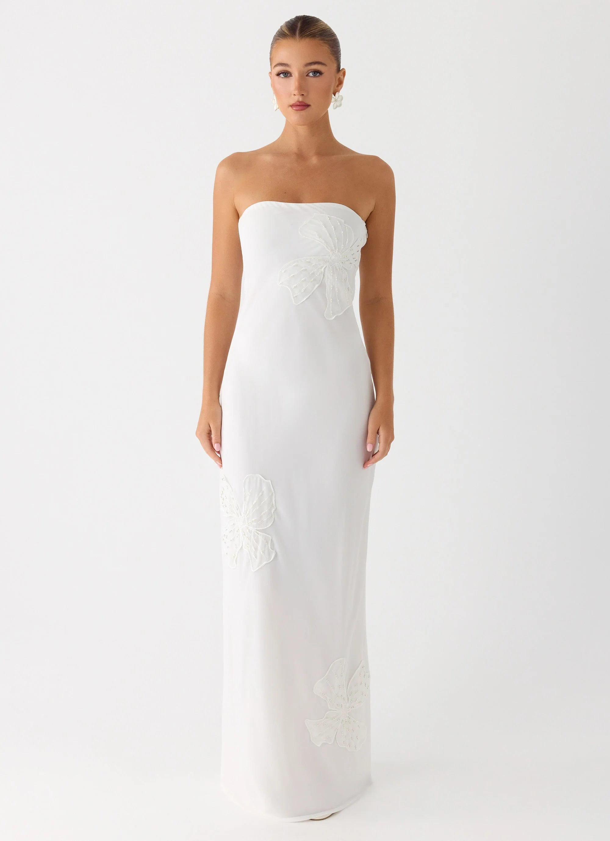 Sassafras Beaded Flower Strapless Maxi Dress - White