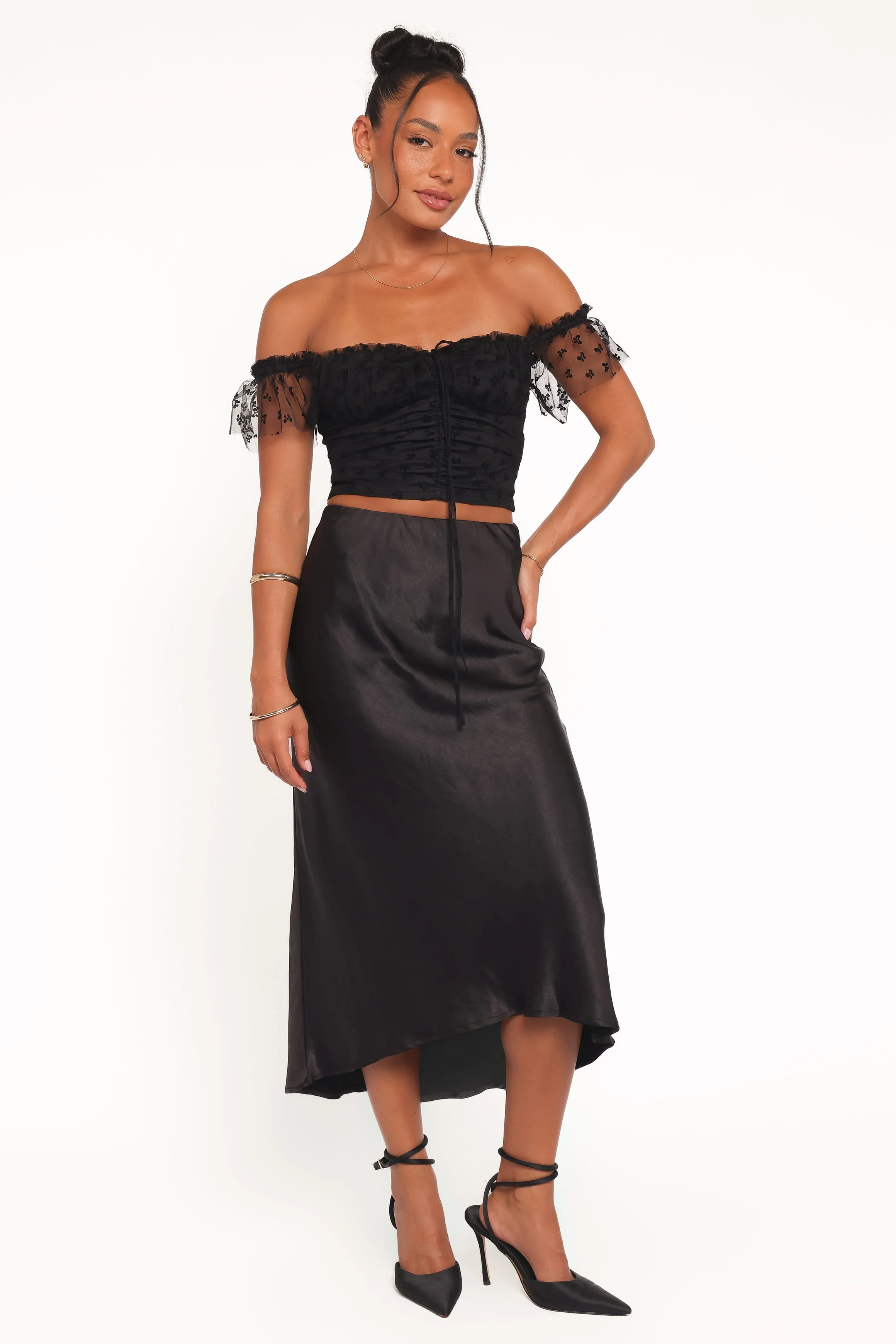 Aster Off Shoulder Mesh Top - Black