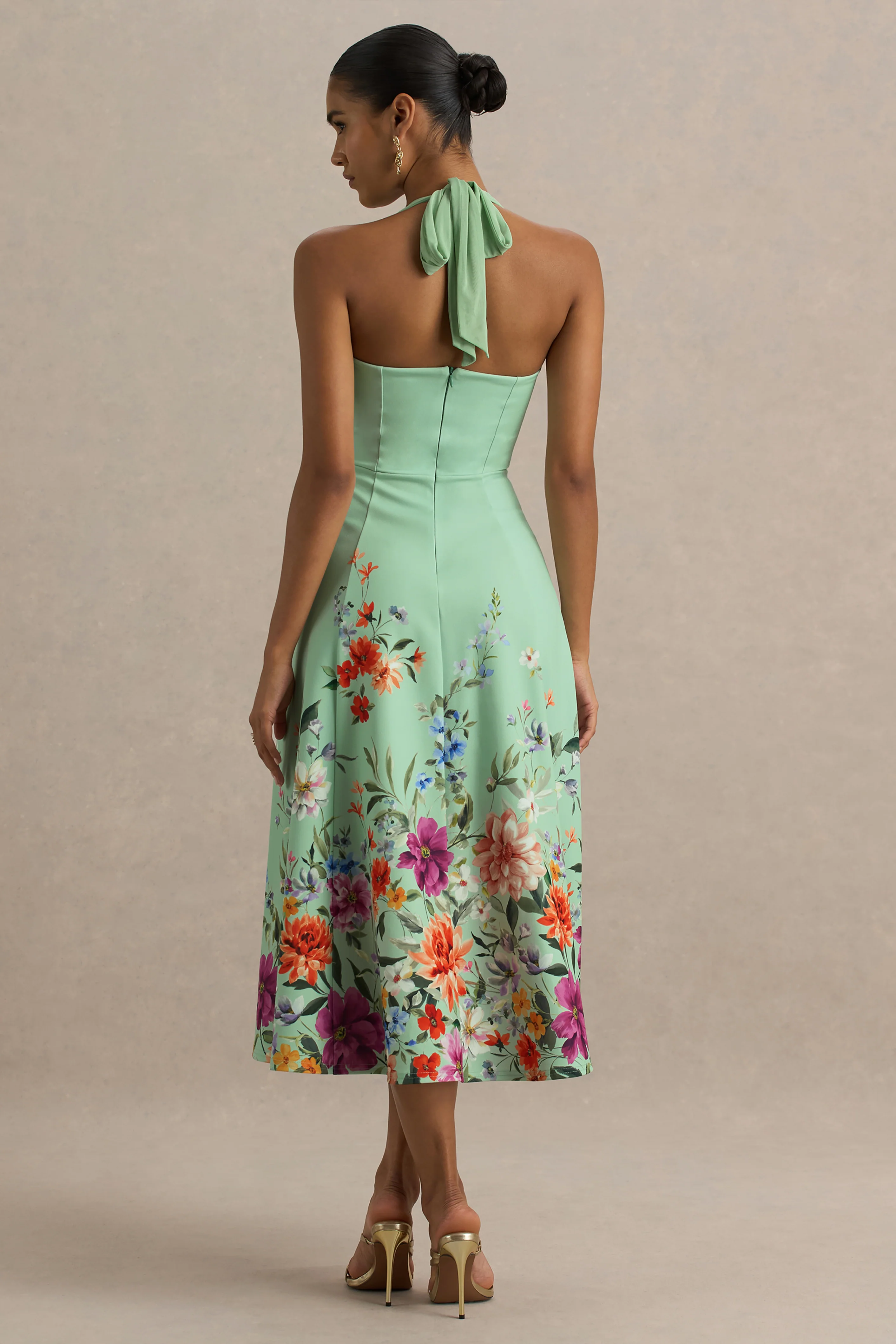 Auburn | Mint Placement Floral Halter-Neck Midi Dress