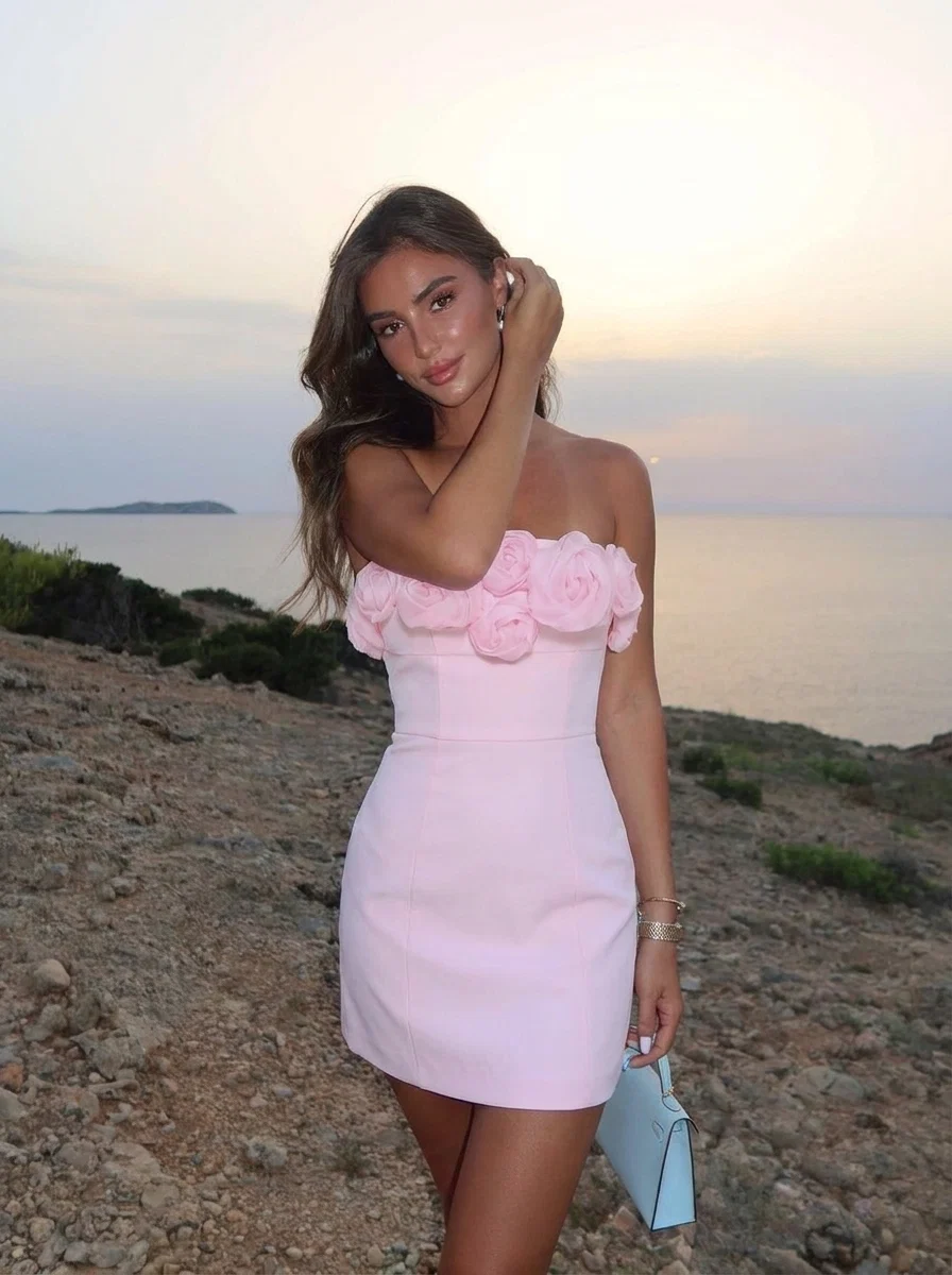 Rosette Strapless Mini Dress Pink - luluinthesky