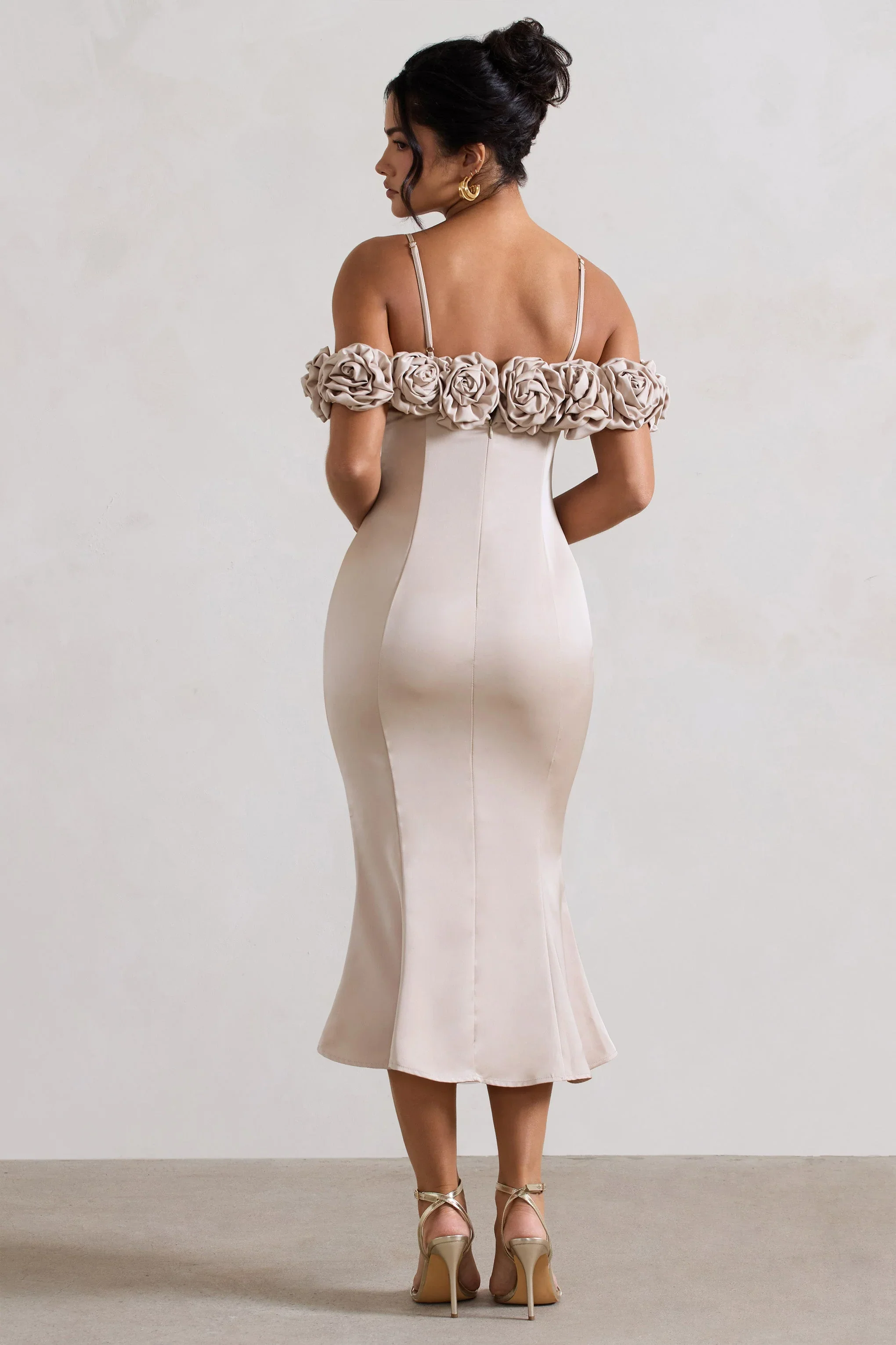 Petunia | Champagne Satin Floral Bardot Midi Dress