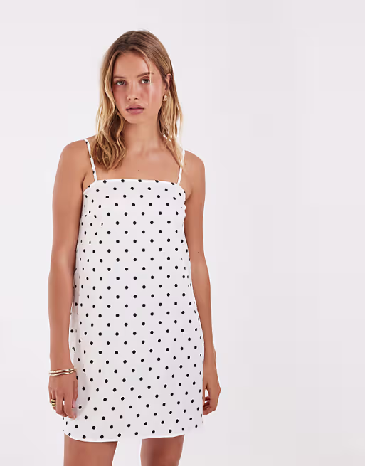 PIECES satin cami mini dress in white and black polka dot print