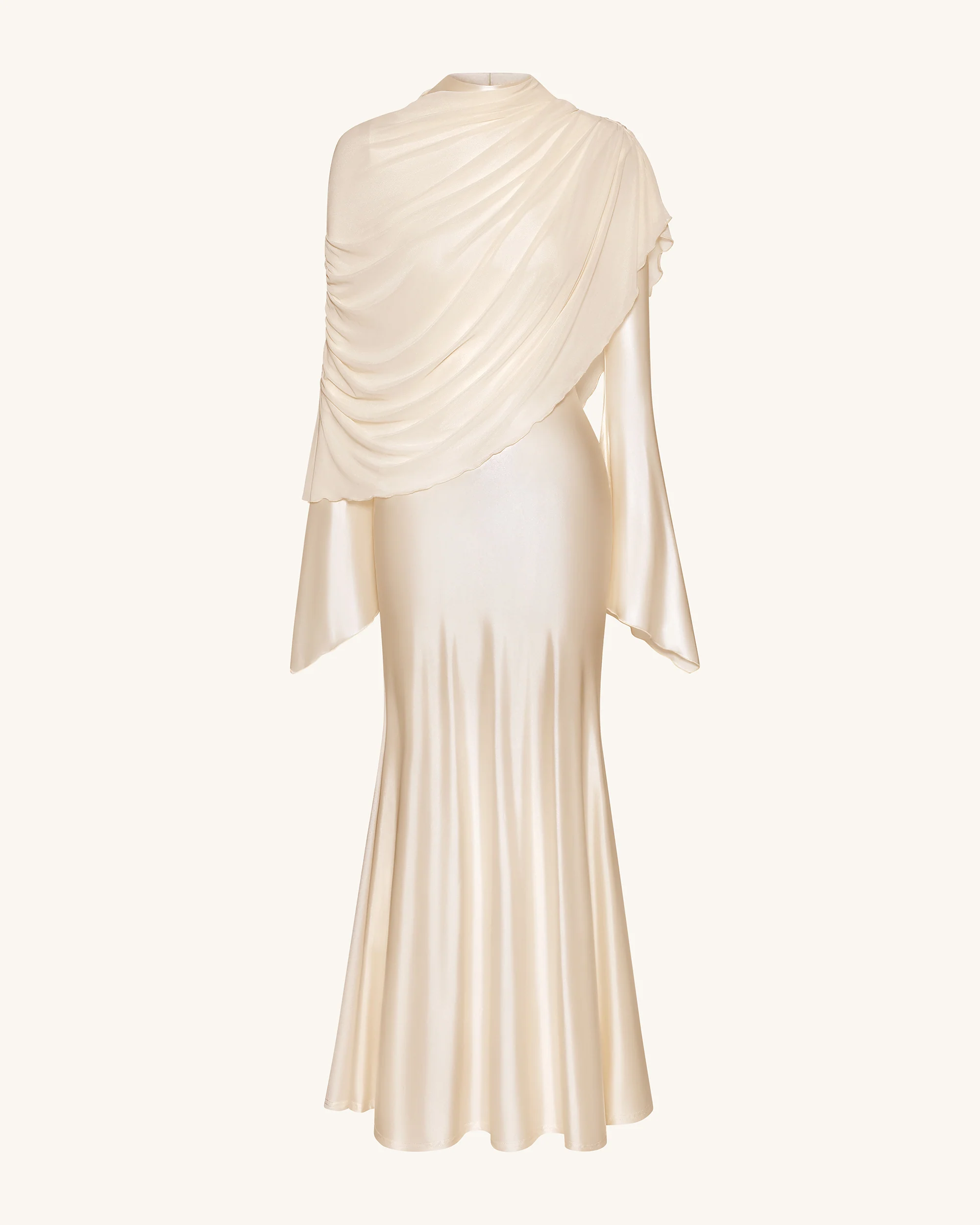 Sheer Shawl Ruched Bodycon Maxi Gown - Cream - FASHION NOB