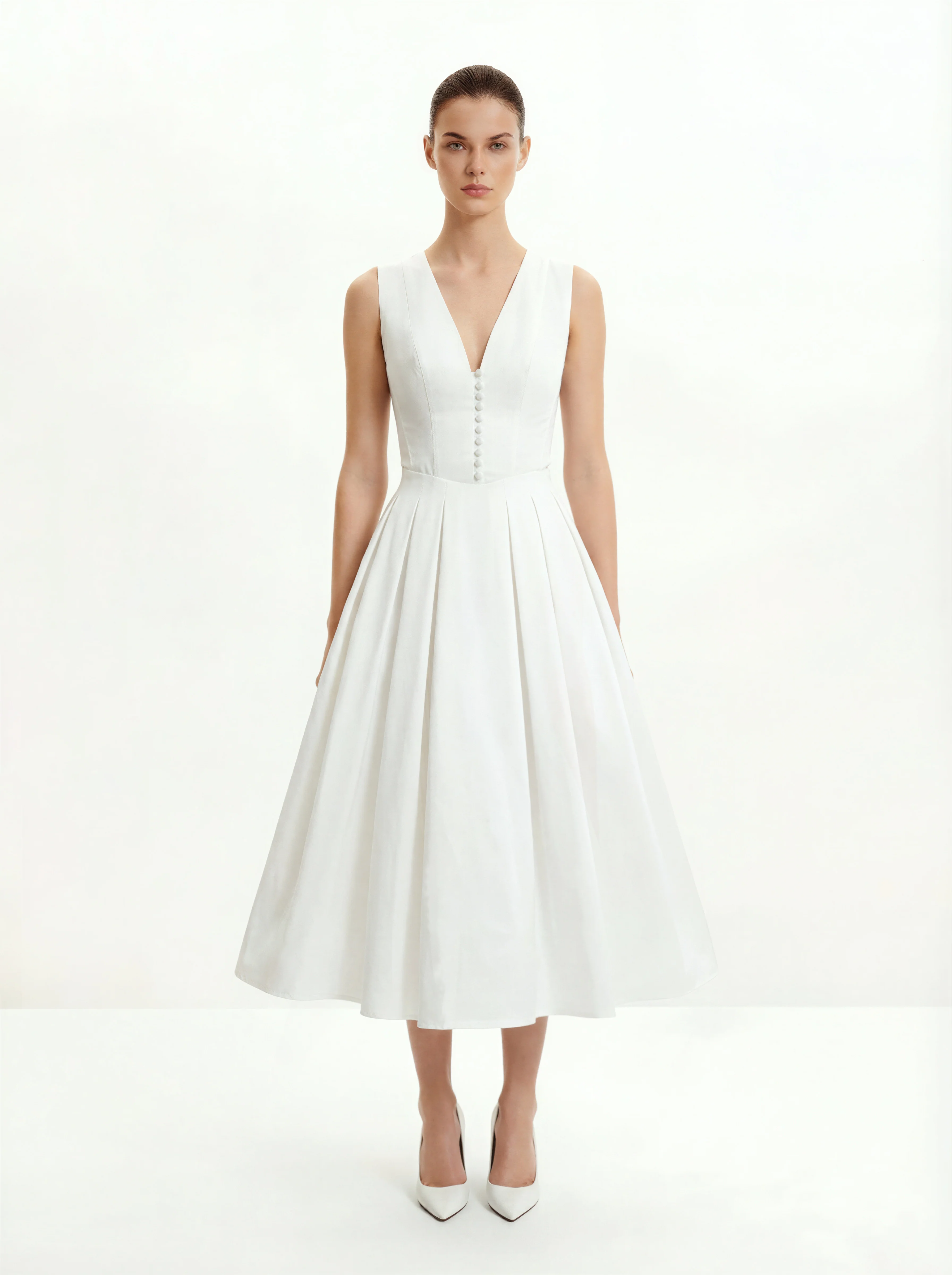 Front V-Neck Pleated Midi Dress - White