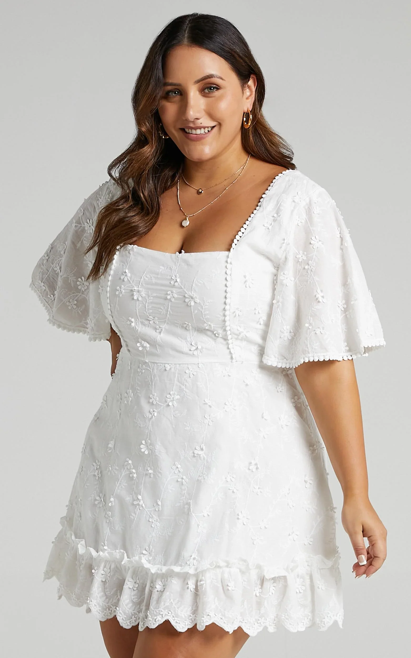 Fancy A Spritz Mini Dress - Square Neck Dress in White Embroidery