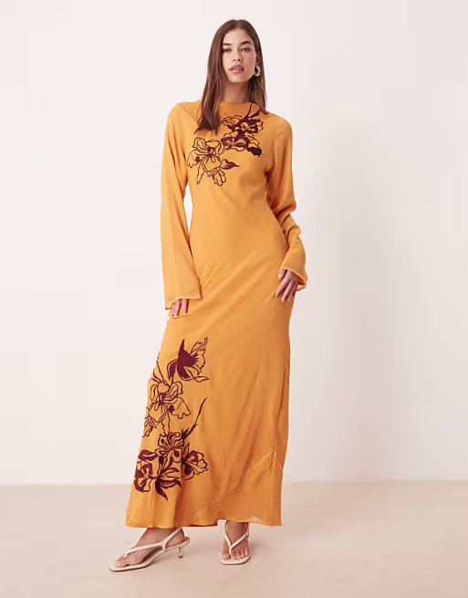textured embroidered maxi dress in orange