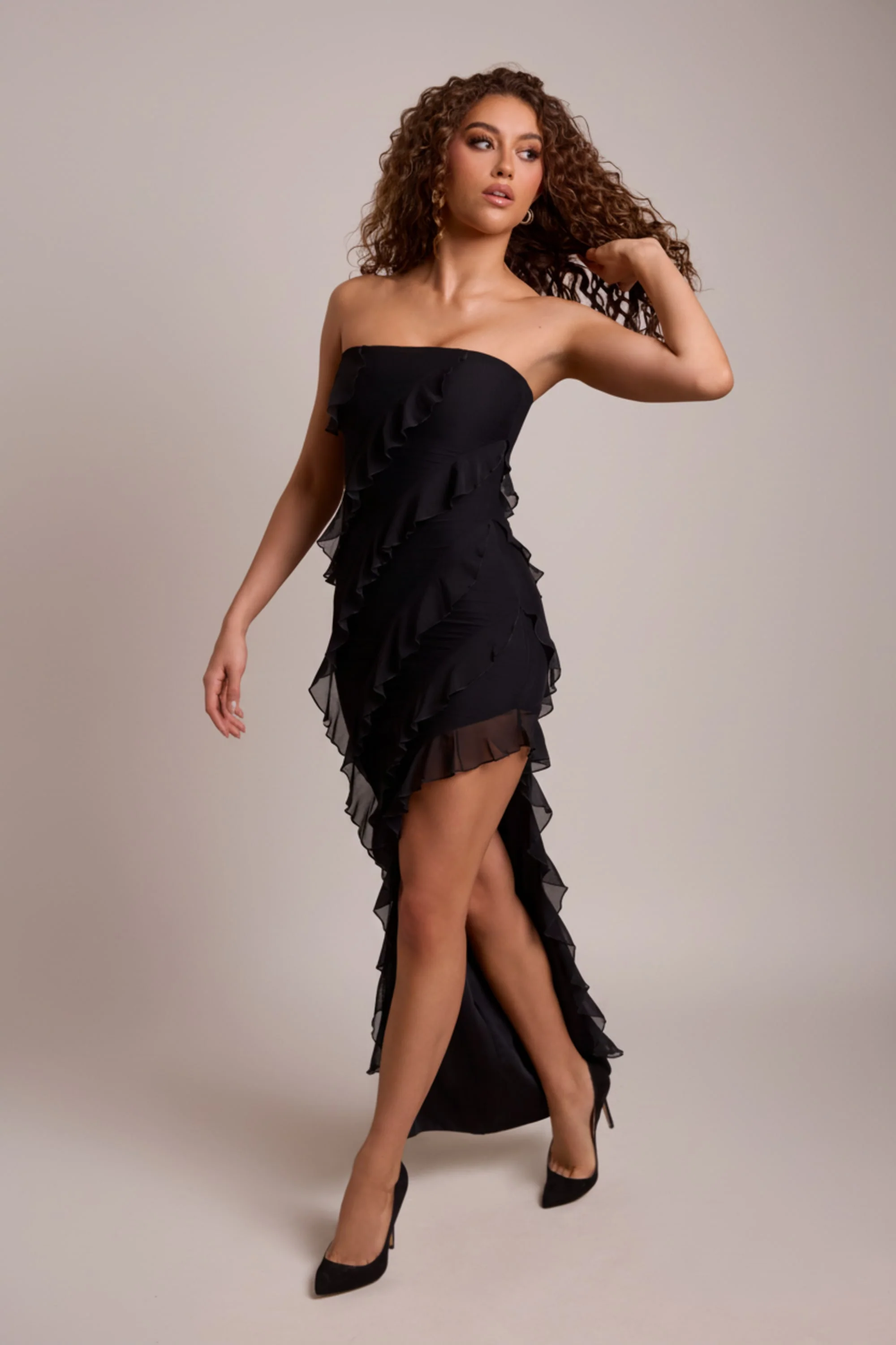 Bandeau Ruffle Detail Maxi Dress in Black