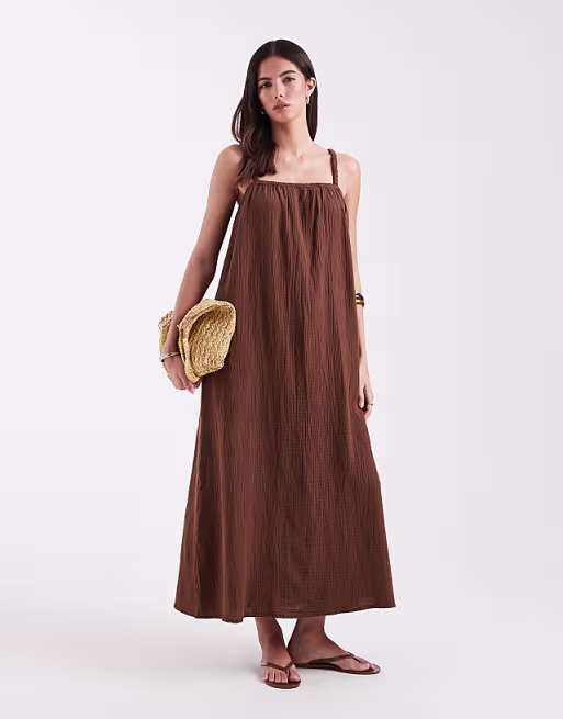 ONLY cheesecloth maxi dress in chocolate brown
