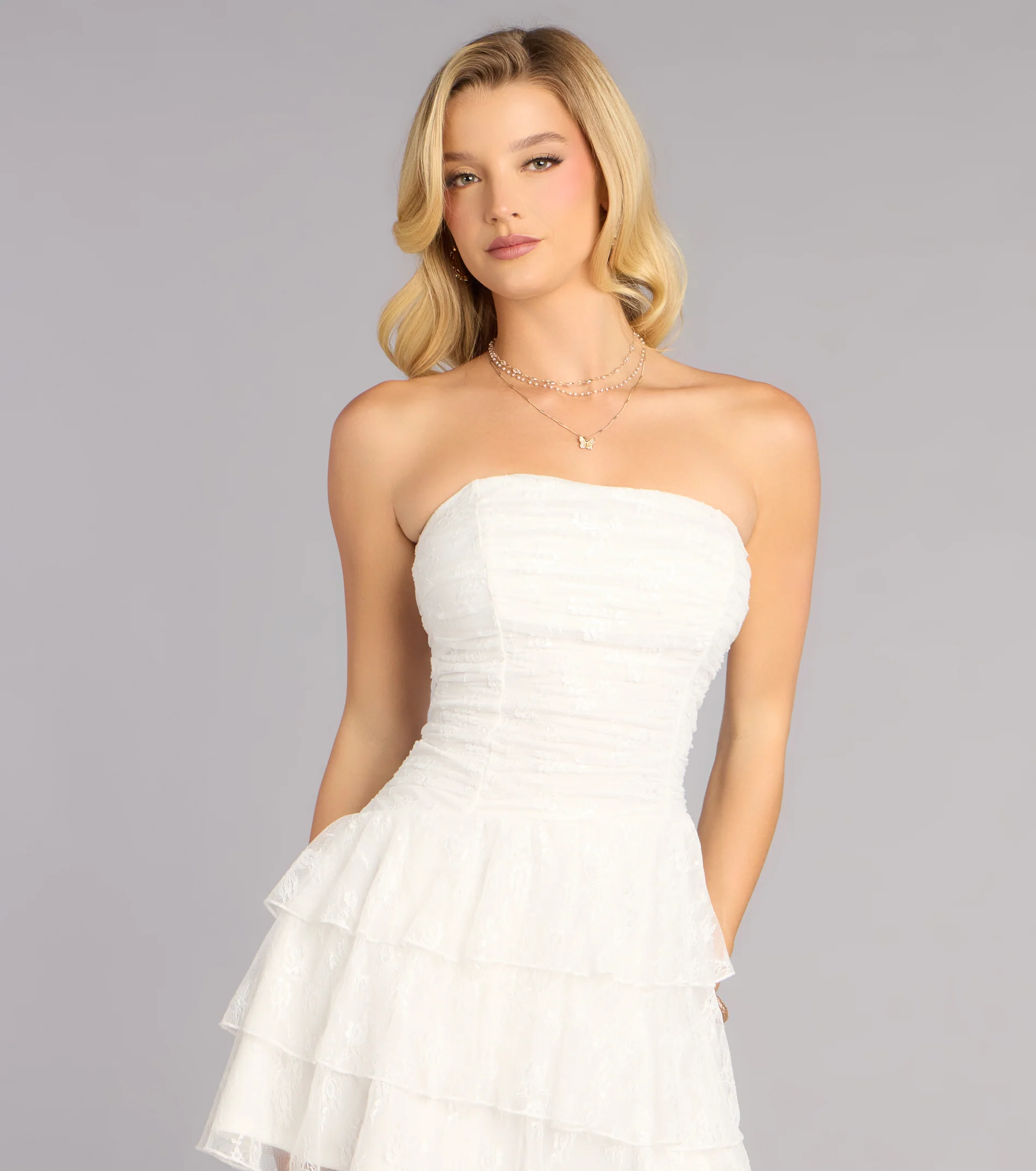 Lovely Nights Strapless Lace Ruffle Skater Dress - luluinthesky