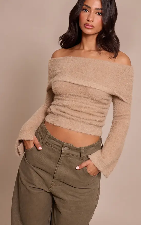 Beige Petite Fluffy Beige Bardot Knitted Jumper