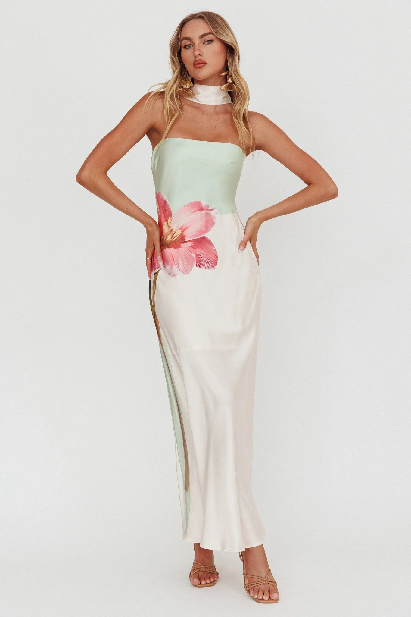 Damsel Reverse Halter Maxi Dress Flower Green