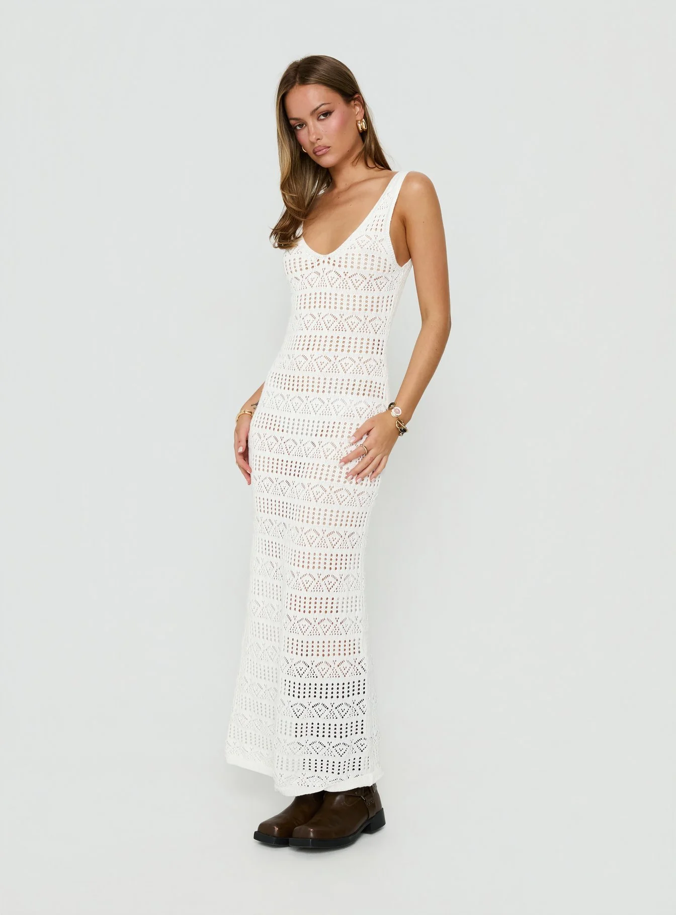Ledena Knit V Neck Maxi Dress Cream
