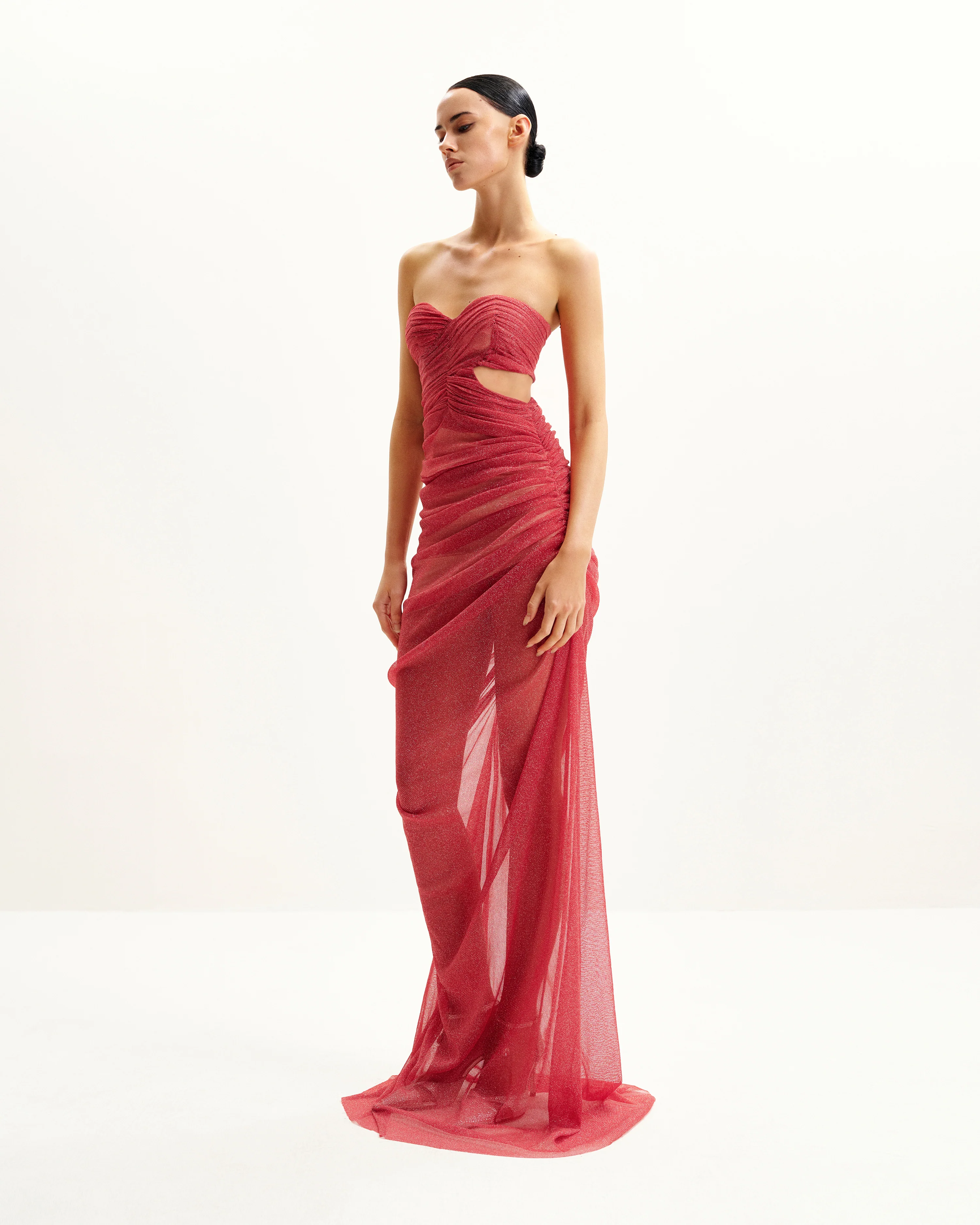 Mia Strapless Sheer Glitter Gown - Scarlet - FASHION NOB