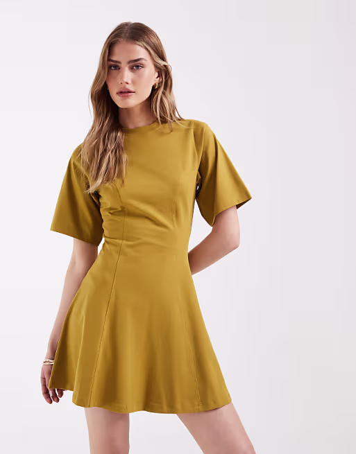 cinched seam detailing mini dress in olive