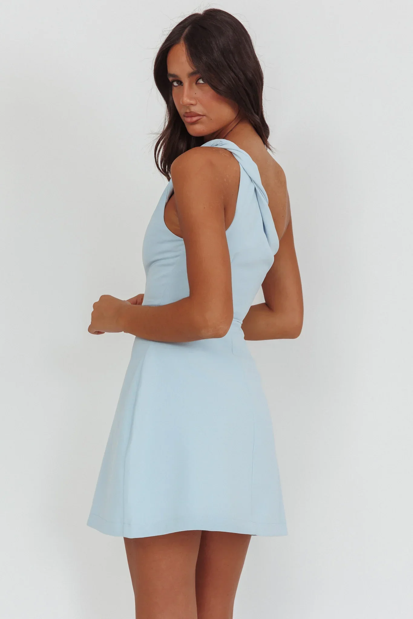 Lingering Love One-Shoulder Twist Mini Dress Blue