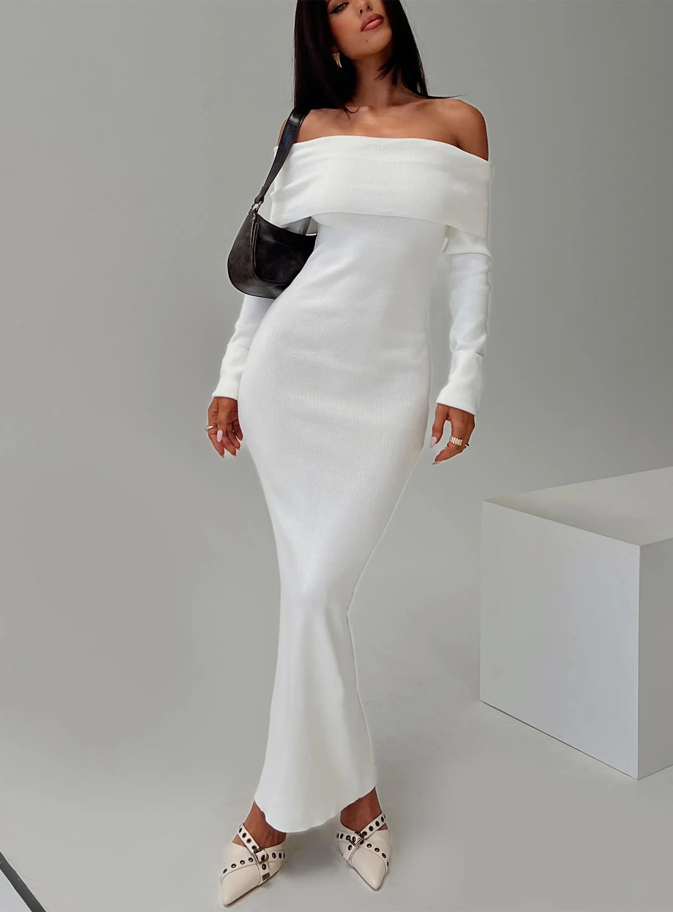 Celestara Long Sleeve Off Shoulder Maxi Dress White