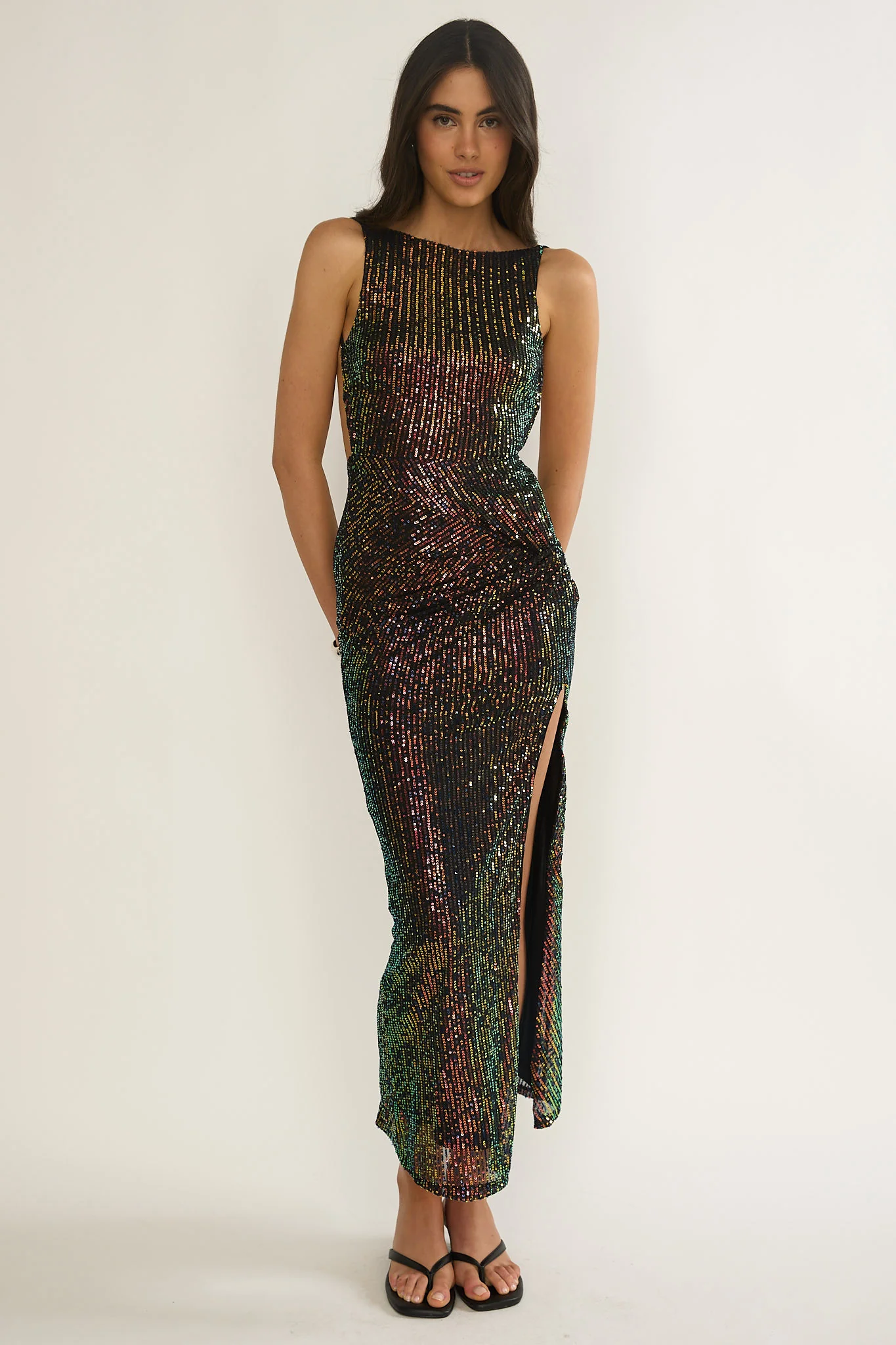 Zaretha Backless Split Maxi Dress Sequin Black/Gold