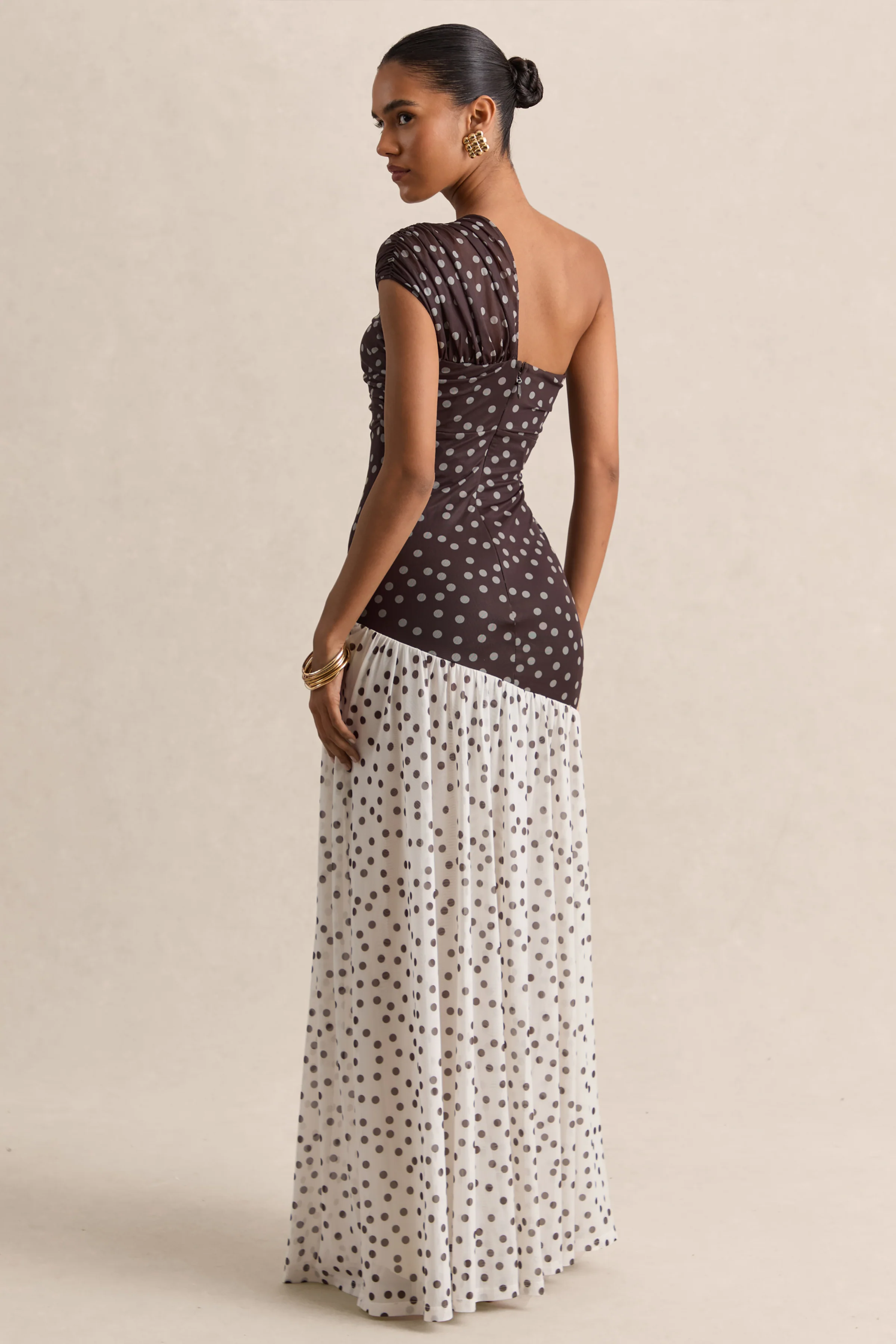 Motira | Brown Polka-Dot Asymmetric-Neck Maxi Dress With Asymmetric Drop-Waist