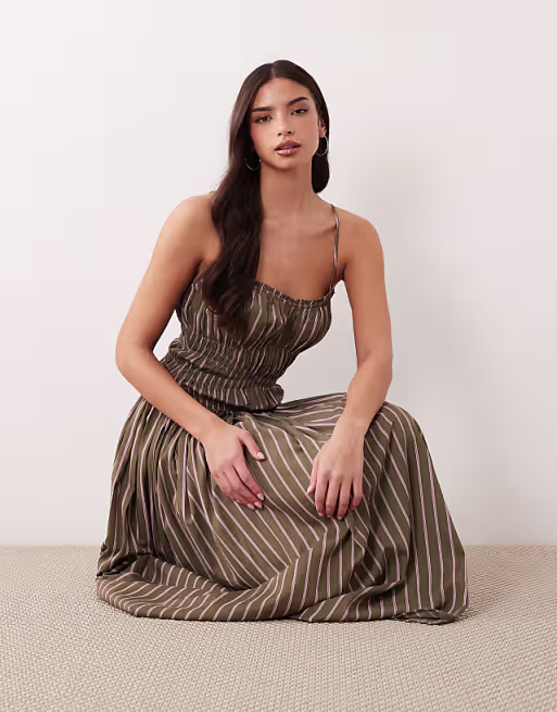 shirred cotton poplin maxi sundress with dropped waist in khaki and pink stripe