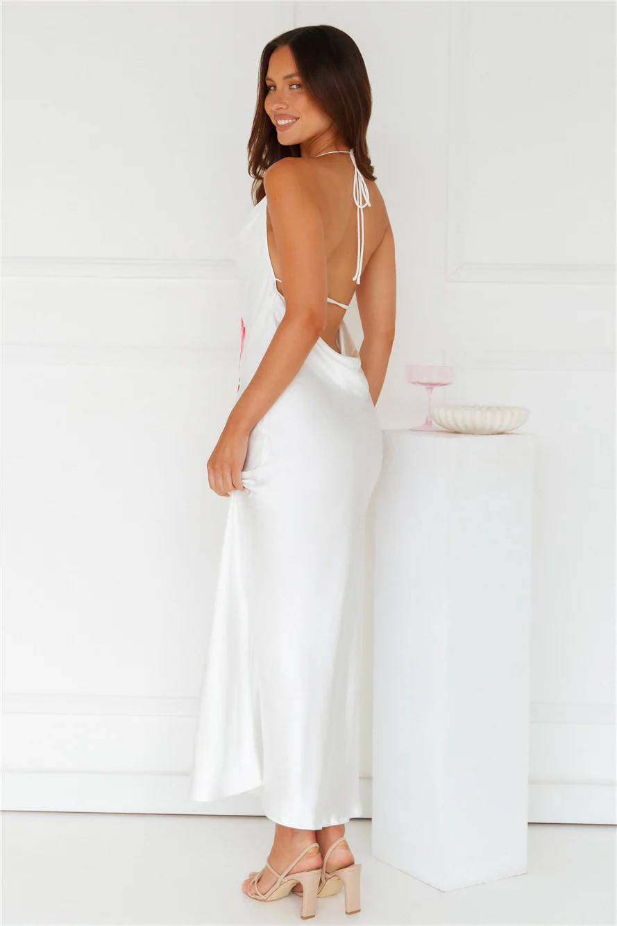 Rebellious Rose Halter Satin Maxi Dress White - luluinthesky