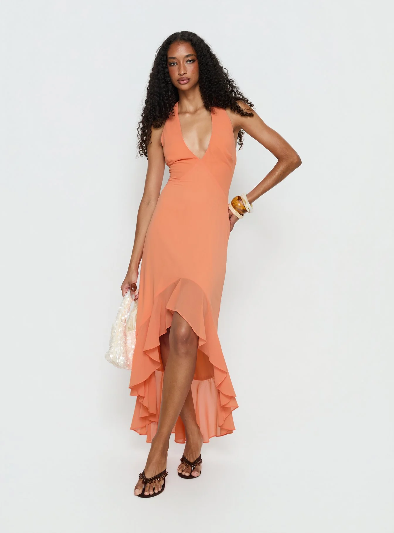 Agata Halter Frill Maxi Dress Orange