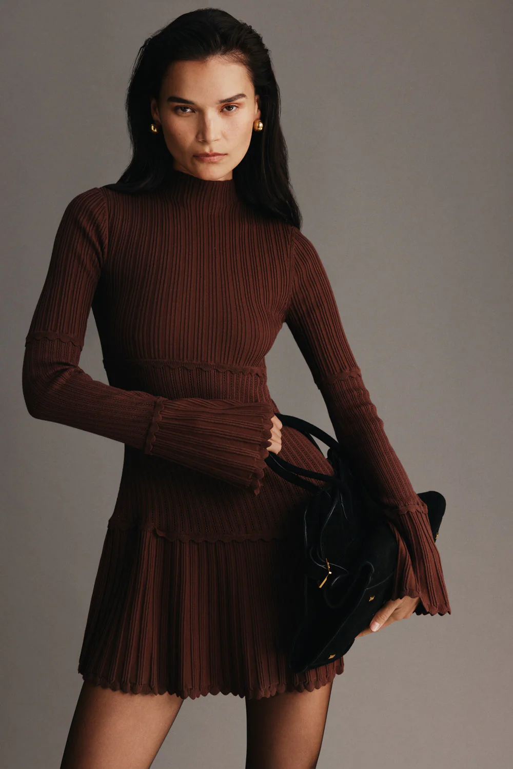 Adena Pointelle Knit Mini Dress - Chocolate
