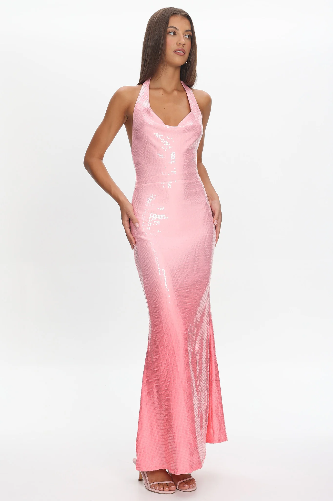 Koral Halter Sequin Maxi Dress Gradient Pink - luluinthesky