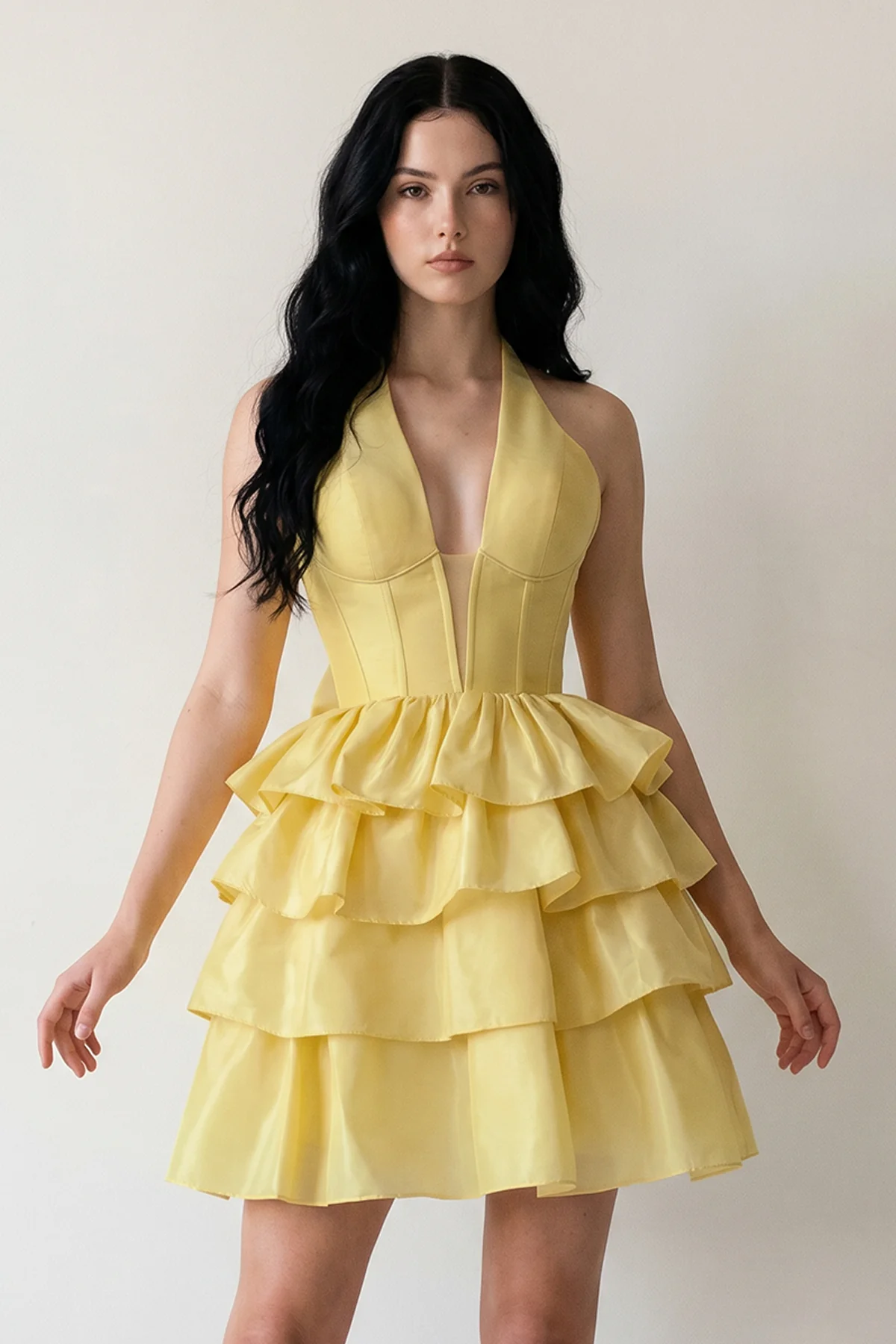 Yellow - Halter A Line Ruffles Satin Homecoming Dress With Bow