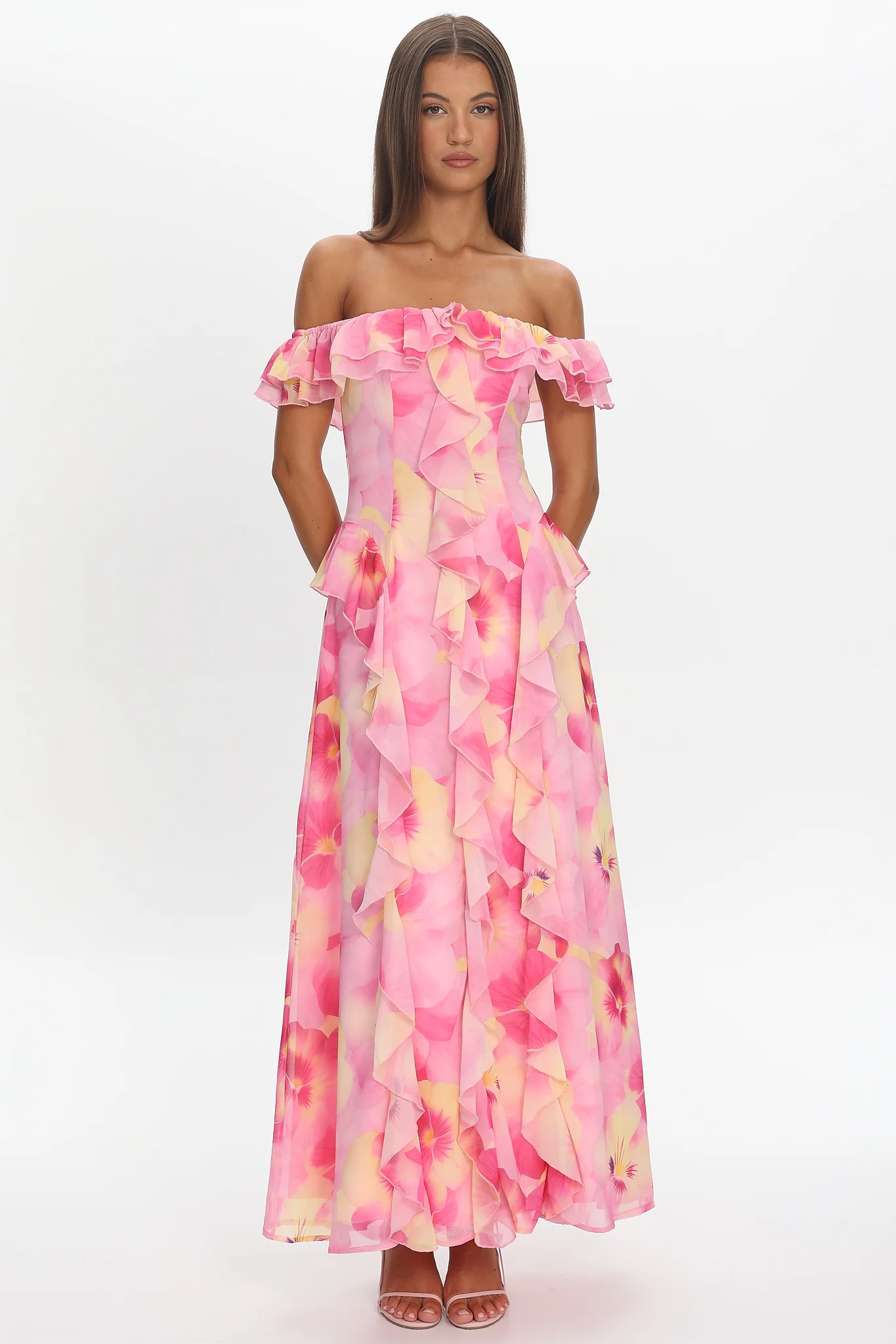 Scarlet Off-Shoulder Ruffle Trim Maxi Dress Print Pink