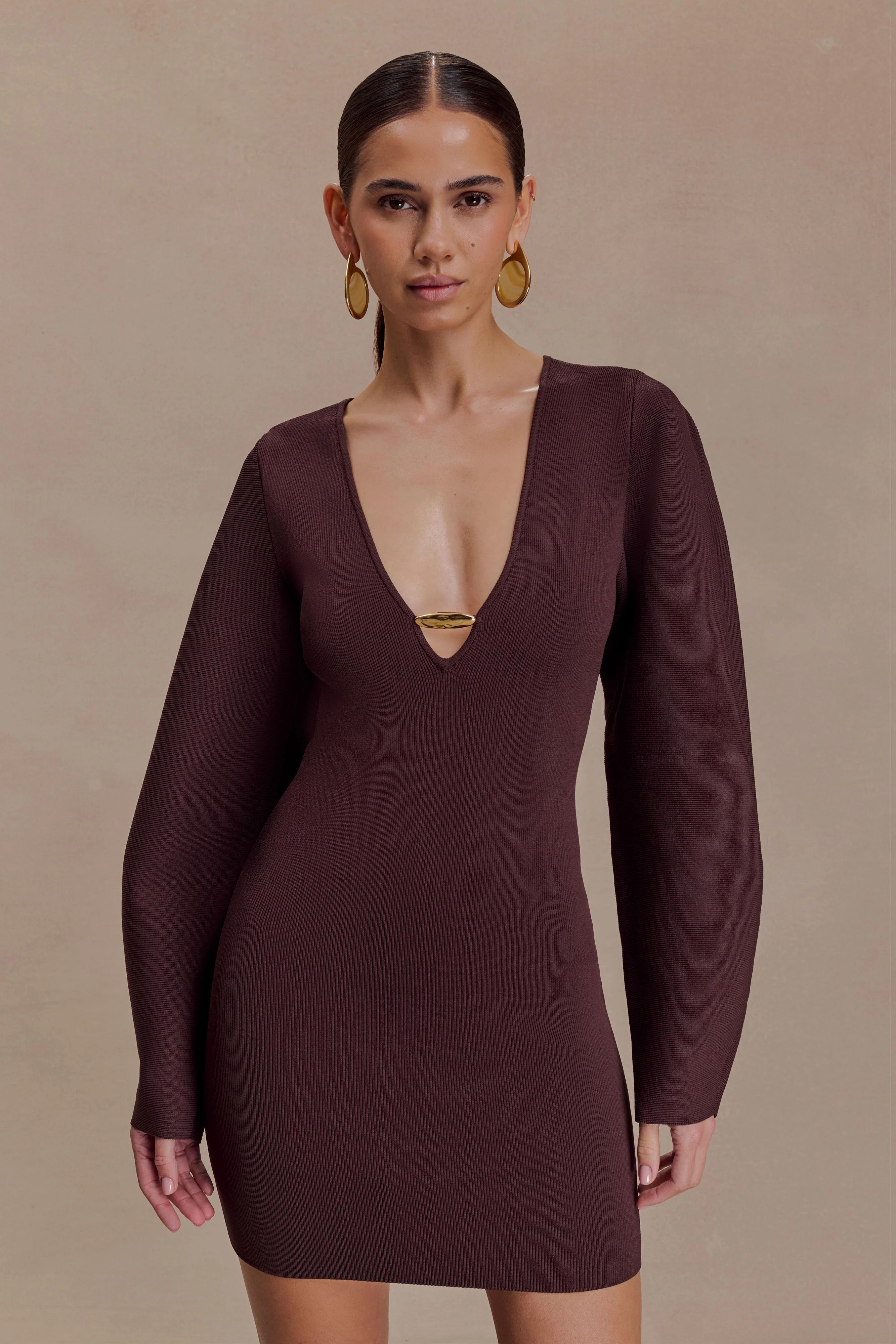 Billy Balloon Sleeve Knit Mini Dress - Dark Chocolate