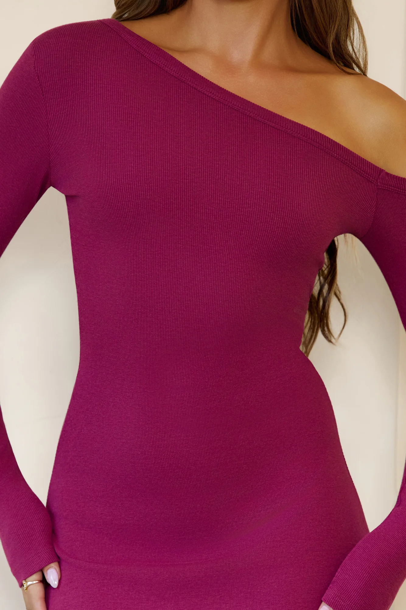 BASE Luxe Rib Off Shoulder Long Sleeve Mini Dress Berry