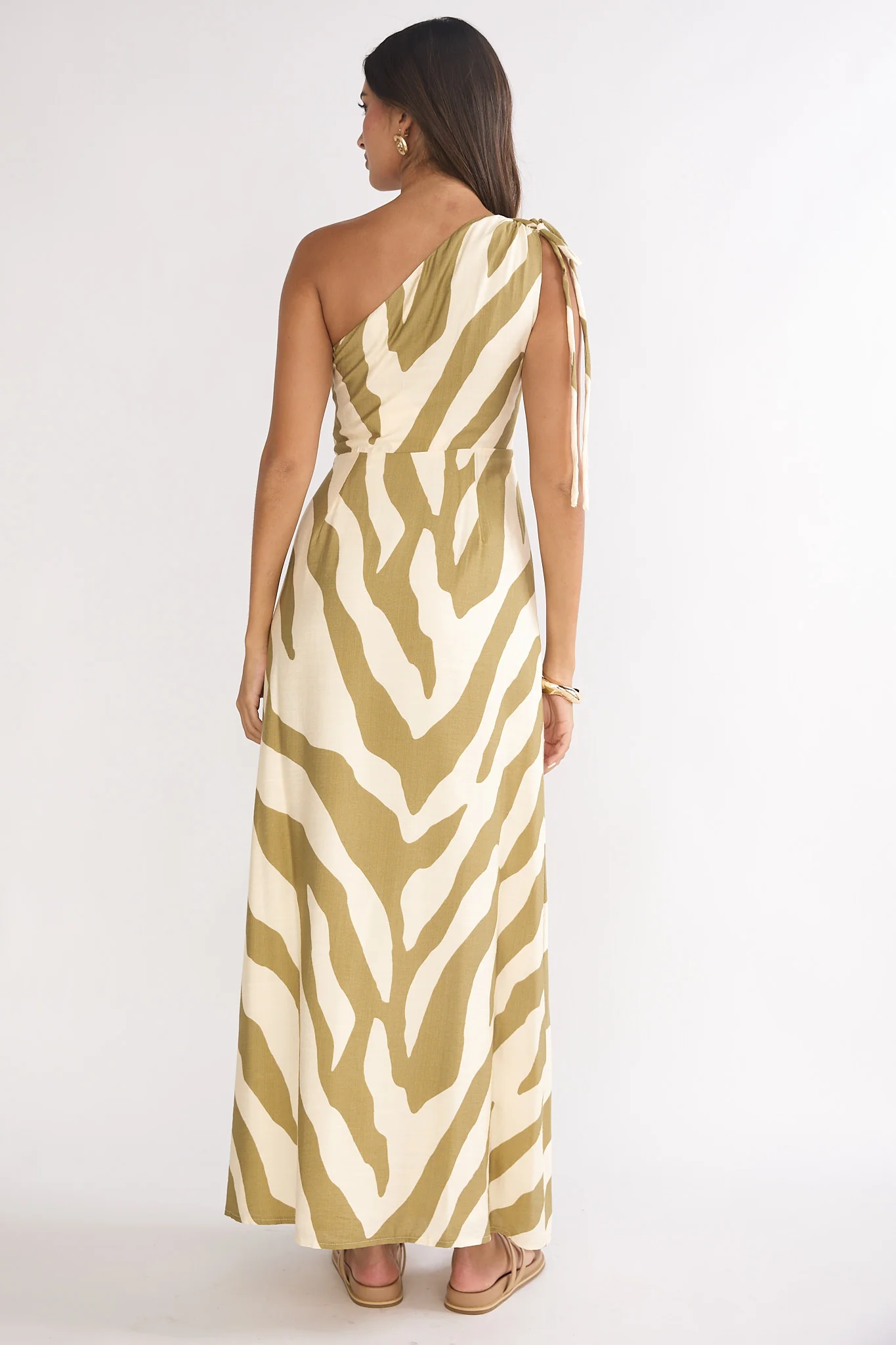 Tavina One-Shoulder Maxi Dress Zebra Khaki - luluinthesky