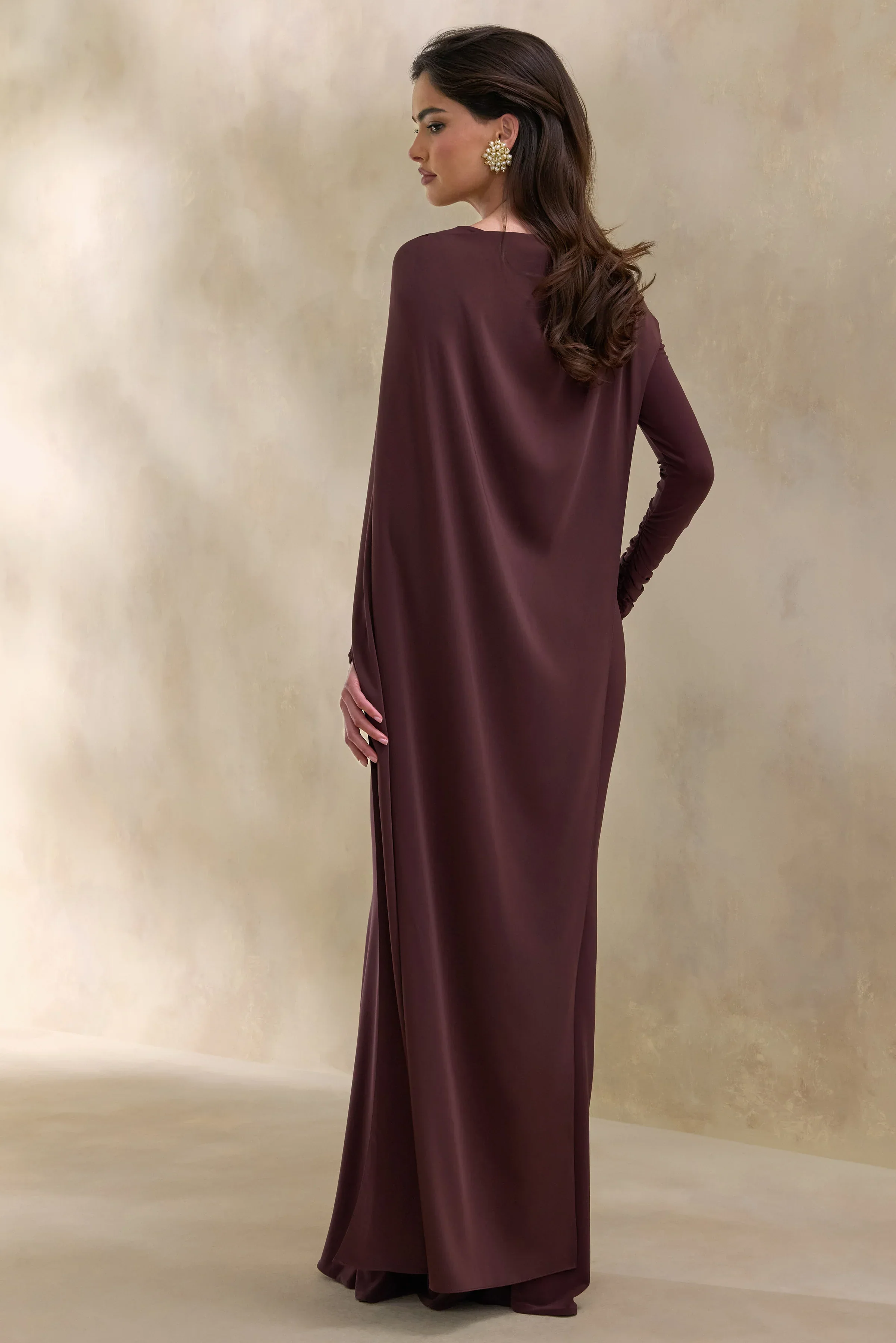 Salenne | Brown Wide-Neck Maxi Dress With Satin Asymmetric-Cape