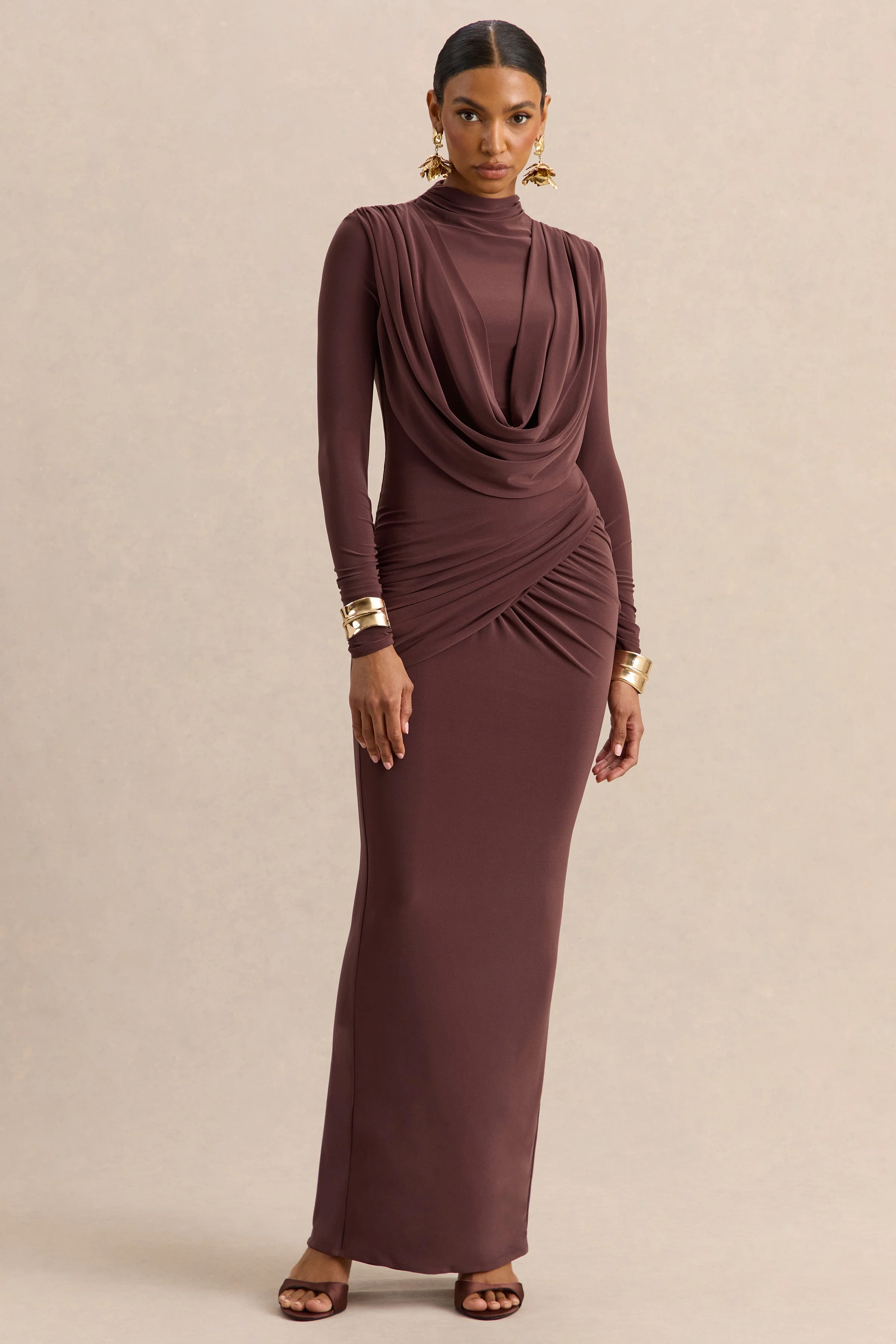 Karinthia | Brown High-Neck Maxi Dress With Draped-Detailing