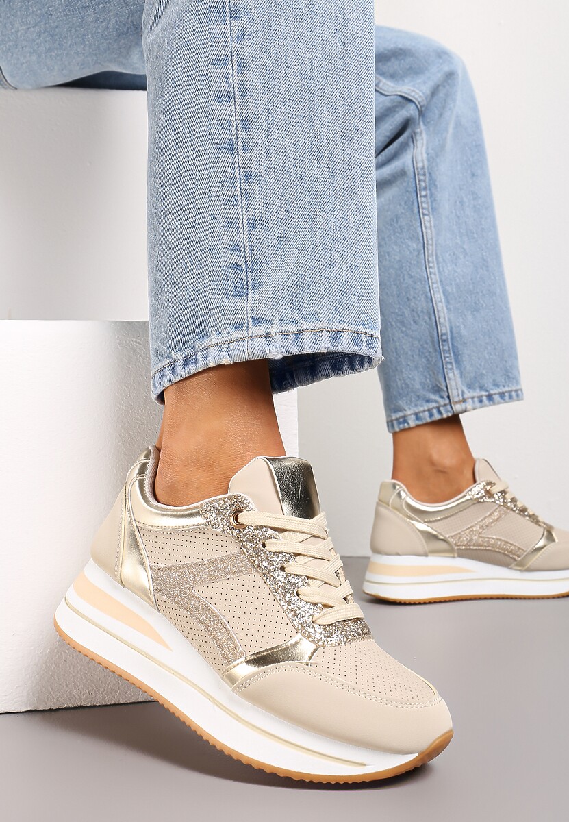 Biało-Srebrne Sneakersy na Grubej Podeszwie w Paski Zdobione Brokatem Selarissa