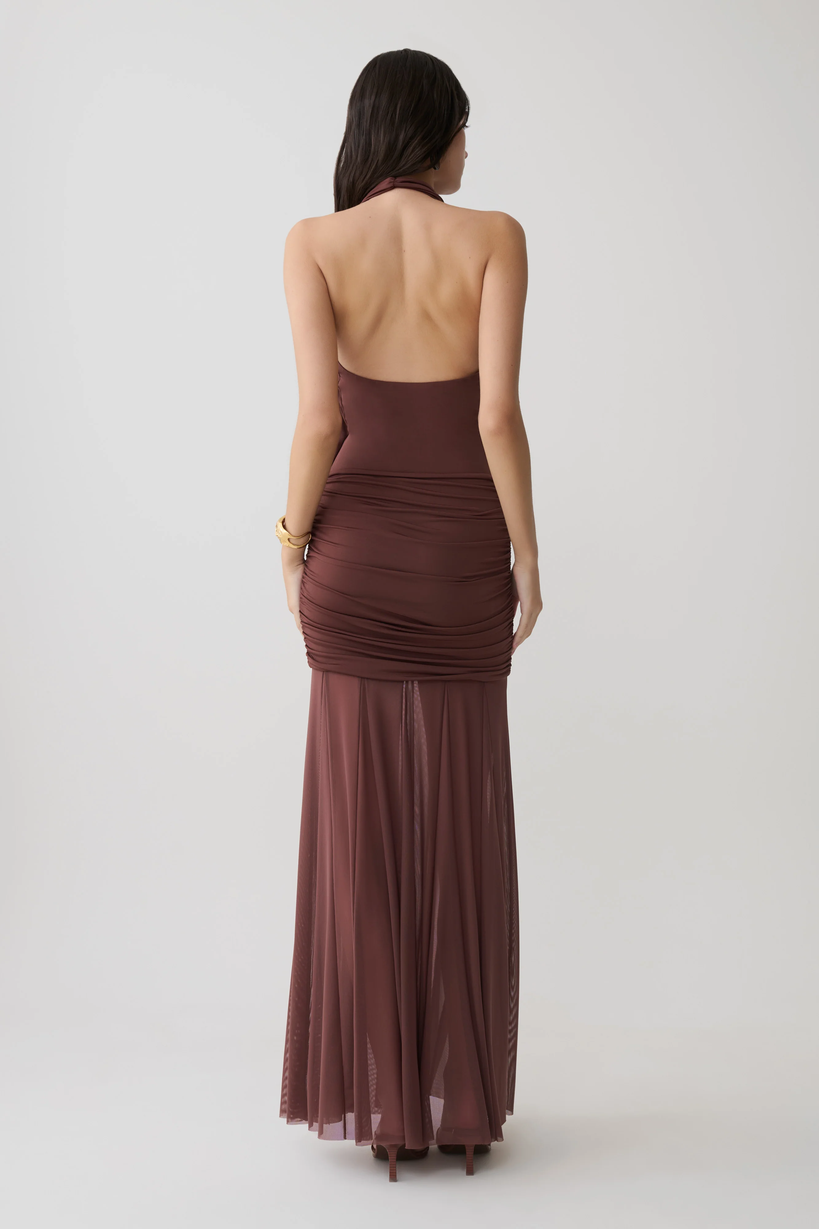 Jorja Draped Halter Slinky Maxi Dress - Chocolate