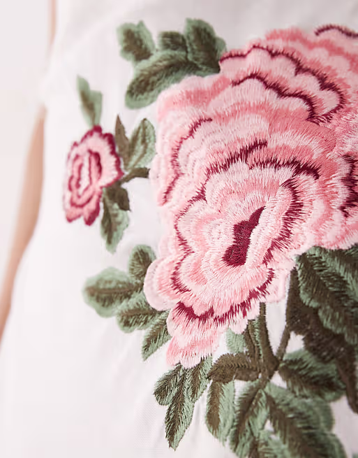 racer neck embroidered detailing crochet hem maxi dress in white