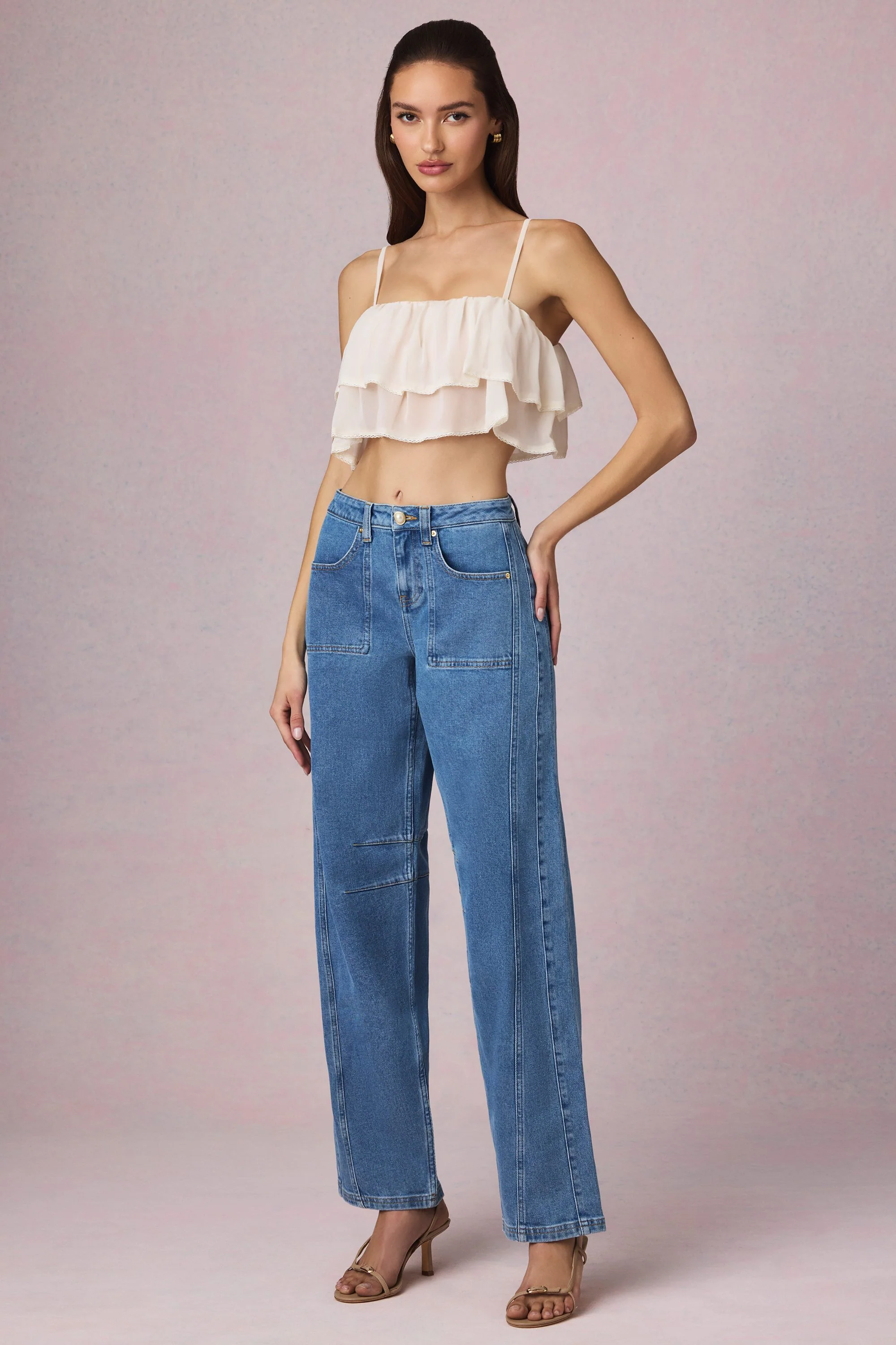 Mid-Rise Barrel-Leg Jeans in Mid-Blue Wash