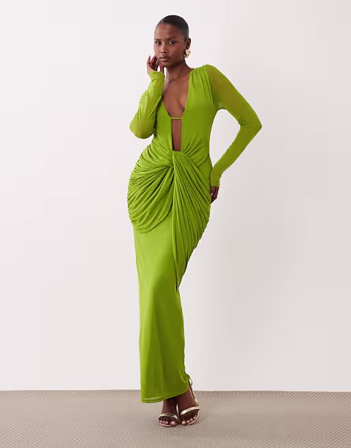 mesh deep plunge neck long sleeve midi dress with draping in green