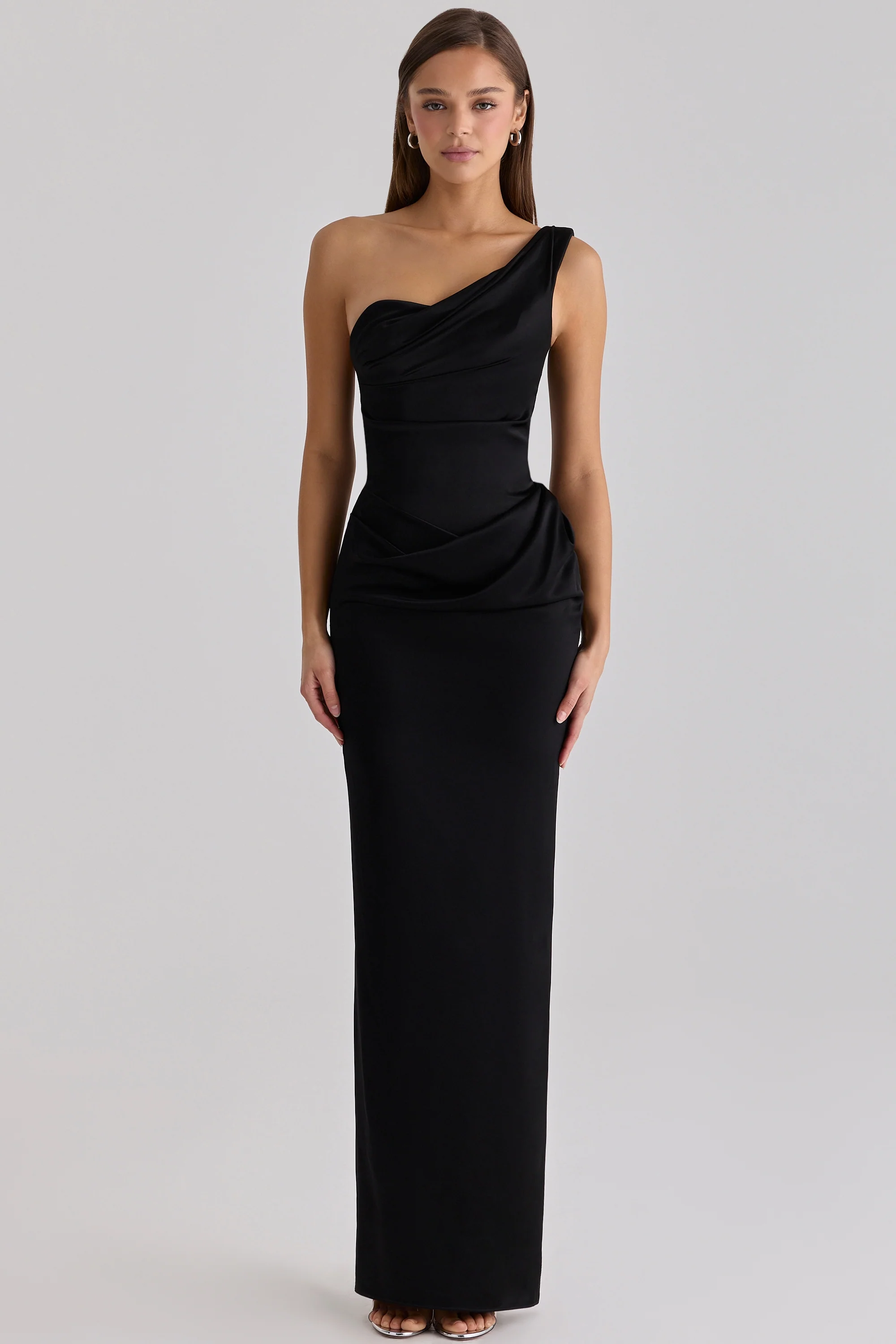 Black Satin One Shoulder Maxi Dress