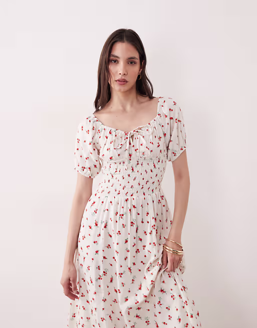 Esmée puff sleeve tie front maxi beach dress in red ditsy floral
