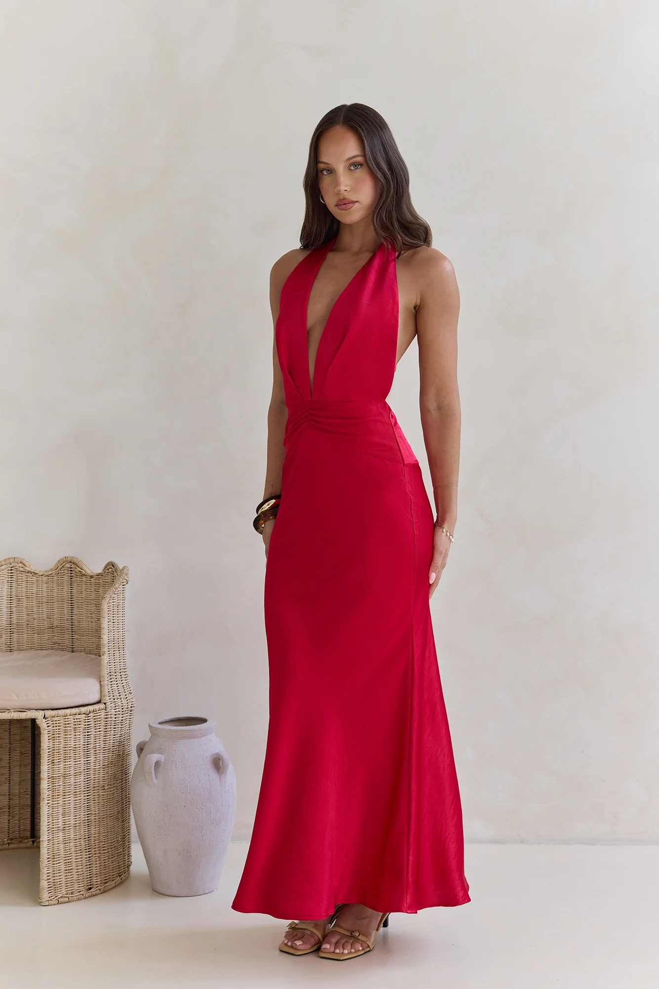 Got A Feeling Halter Satin Maxi Dress Red - luluinthesky